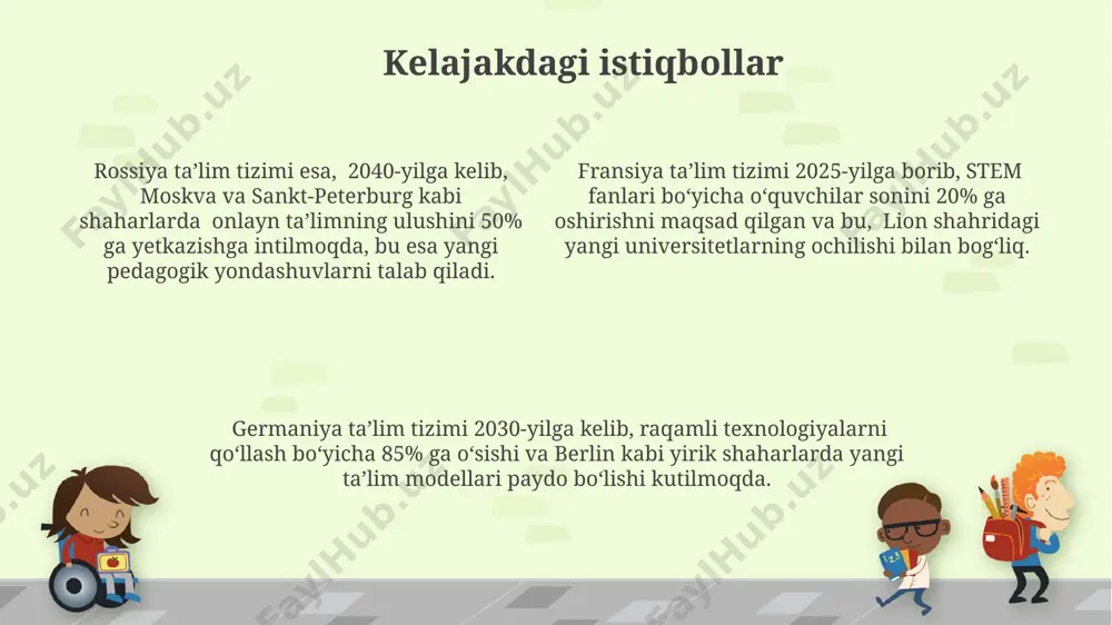 i mavjud. aqsh ta'lim tizimi aqshning oliy ta'lim tizimi xususiy va davlat universitetlari, kollejlarini o'z ichiga oladi, bu yerda o'qishning narxi yiliga 30 000 dollardan oshiq bo'lishi mumkin, shu sababli talabalar qarzlarga botilib qolishlari mumkin. aqshda davlat maktablari mahalliy soliqlar orqali moliyalashtiriladi, natijada maktablararo farqlar, ayniqsa, boy va kambag'al hududlar o'rtasida, ya'ni kaliforniya va missisipi shtatlari o'rtasida sezilarli darajada farq qiladi. aqshning ta'lim tizimida standartlashtirilgan testlar, masalan, sat va act, oliy o'quv yurtlariga kirish uchun muhim rol o'ynaydi, bu testlarga tayyorgarlik ko'rish uchun o'quvchilar ko'p vaqt va pul sarflashlari kerak. fransiya ta'lim tizimi fransiya ta'lim tizimida 6 yoshdan boshlab majburiy boshlangʻich taʼlim boshlanadi va 16 yoshgacha davom etadi, bu davrda oʻquvchilar milliy imtihonlar – brevet-ni topshirishadi. fransiya oliy taʼlim tizimi 200 dan ortiq universitet va gran-ekollardan iborat boʻlib, ular muhandislik, biznes va boshqa sohalarda ixtisoslashgan yuqori darajadagi professional taʼlim beradi. litsеylar, fransiyaning еlitar oʻrta maktablari, yuqori darajadagi taʼlimni taqdim etadi …