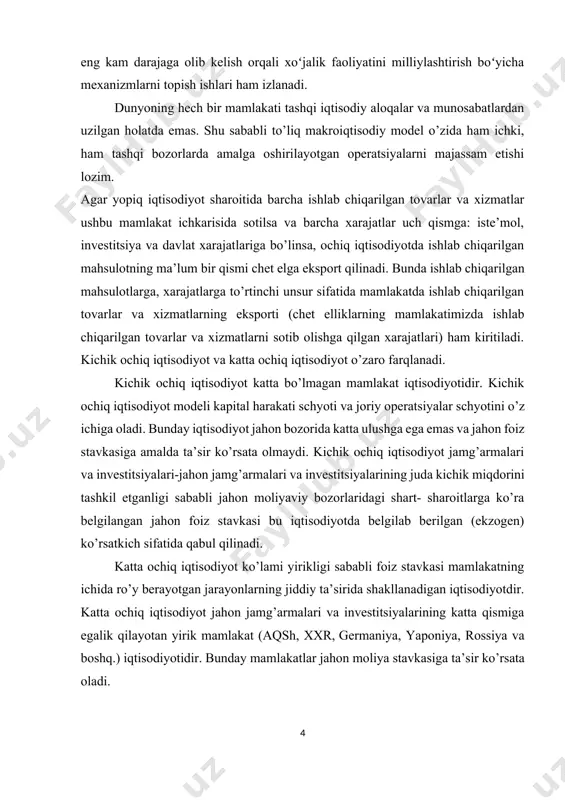 ilayotganda, siyosatchilar o’z mamlakatlari chegaralaridan tashqaridagi mamlakatlarga nazar solishadi. xatto mahalliy rivojlanish ularning yagona maqsadlari bo’lsada, ular uchun dunyodagi boshqa mamlakatlardagi o’rganish muhim hisoblanadi. tovar va xizmatlarning xalqaro oqimi, kapitalning xalqaro oqimi iqtisodiyotga chuqur yo’llar bilan ta’sir qiladi. hatarga qaramay, siyosatchilar bunday ta’sirlarga e’tibor qaratishmaydi. i bob. kichik ochiq iqtisodiyot va uning modellari. 1.1 kichik ochiq iqtisodiyot tushunchasi va uning ko’rinishlari. bundan oldingi mavzularda ko’rdikki, dunyoning hech bir mamlakati tashqi iqtisodiy aloqalar va munosabatlardan uzilgan holatda emas. shu sababli to’liq makroiqtisodiy model o’zida ham ichki, ham tashqi bozorlarda amalga oshirilayotgan operatsiyalarni majassam etishi lozim. to’liq makroiqtisodiy model-ochiq iqtisodiyot modelidir. ochiq iqtisodiyot- shunday iqtisodiyotki, u: a) mamlakat ishlab chiqarayotgan tovarlari va xizmatlarining ma’lum bir qismini eksport va import qilishini; b) mamlakat jahon moliya bozorlarida kredit olishi va kredit berishini anglatadi. agar yopiq iqtisodiyot sharoitida barcha ishlab chiqarilgan tovarlar va xizmatlar ushbu mamlakat ichkarisida sotilsa va barcha xarajatlar uch qismga: iste’mol, investitsiya …