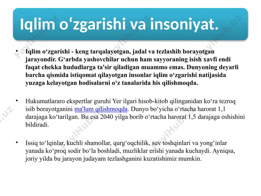 adi. metan, azot oksidi kabi boshqa iflos gazlar havoga inson omili tufayli chiqarilib, bular bir butun issiqxona effekti darajasini belgilaydi. issiqxona effektini hosil qiluvchi gaz konsentratsiyalarining ortishi, sayyorada tabiiy issiqlik balansini buzadi va antropogen issiqxona effektini keltirib chiqaradi. hisob-kitoblarga ko‘ra, 2100 yilga borib issiqxona effekti oqibatida global yalpi ichki mahsulot 20 foizdan ortiqqa pasayishi mumkin. shuningdek, hozirgi kunda asosiy muammolar sifatida antropogen omillar ta'siri va qurg‘oqchilik natijasida uglerod gazini yutuvchi o‘rmon maydonlari keskin qisqarib ketishi, ozon qatlamining yemirilishi, yovvoyi tabiat maydonlarining qisqarib borayotganini ham keltirib o‘tish mumkin. bugungi kunda yer yuzasida aholi sonining keskin ortishi, insoniyat o’rtasida tabiiy resurslarga bo’lgan talab va ehtiyojning to’xtovsiz o’sishi, fan va texnikaning jadal rivojlanishi, insonning tabiatga ta’sir kuchining ortib borishi beovsita yer shari iqlimining o’zgarishiga olib keldi hamda bu jarayon shiddat bilan davom etib kelmoqda. bu kabi jarayonlarni quyidagi dalilllar bilan asoslab berish mumkin: yer sayyorasida atmosferaning kimyoviy, fizik tarkibiga inson faoliyat ta’sirining ortib …