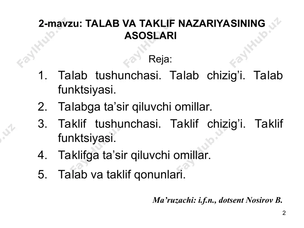 ir. ya’ni taklif maxsulot narxiga to’g’ri proporsional. * taklifga ta’sir etuvchi omillar ishlab chiqarish texnologiyasi ishlab chiqarish omillarining narxlari soliqlar va subsidiyalar tovar ishlab chiqaruvchilarning soni * taklif egri chizig’ining siljishi * talab va taklif funksiyalari model deganda, iqtisodiy jarayonning sxemasi, loyihasi, matematik formulalar bilan ifodalanishi tushuniladi. bu erda kengroq ishlatiladigan modellardan biri iqtisodiy-matematik modellardir. iqtisodiy matematik modellar, iqtisodiy jarayonlarning miqdoriy munosabatlarini funksiya, tenglama, tengsizliklar orqali ifodalaydi. funksiya - bu matematik tushuncha bo’lib, bog’liq o’zgaruvchi bilan erkin o’zgaruvchilar o’rtasidagi miqdoriy bog’liqlikni ifodalaydi. agar funksiya bitta bog’liq o’zgaruvchi bilan, bitta erkin o’zgaruvchi o’rtasidagi bog’liqlikni ifodalasa, unga bir o’zgaruvchili funksiya deyiladi va u quyidagicha yoziladi: y=f(x) * talab va taklif funksiyalari agar funksiyada erkin o’zgaruvchilar soni n-ta bo’lsa, , u holda n o’zgaruvchili funksiyani olamiz: y=f(x1,x2,…xn) bir o’zgaruvchili funksiyaga misol sifatida narxga bog’liq bo’lgan talab funksiyasini qarash mumkin: q=f(p) bu erda: q- talab miqdori; p- bir birlik mahsulot narxi. * misol o’quvchi …
