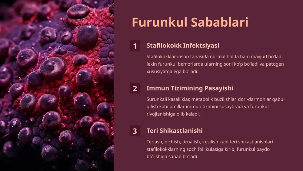 lni tashxislash klinik ko'rik shifokor shikastlangan sohaning dermatoskopiyasi va tashqi ko'rikka asoslanib tashxis qo'yadi. bakteriologik ekish furunkul ajralmasini ekish orqali qo'zg'atuvchining etiologiyasi aniqlash mumkin. qo'shimcha tekshiruvlar qon, siydik, rentgenografiya, ultratovush kabi tekshiruvlar qaytalanuvchi va ko'p sonli furunkullarda o'tkaziladi. differensial tashxis furunkul boshqa teri kasalliklari, jumladan, gidragenit, follikulit, trixofitiya, kuydirgi va boshqalardan farqlanishi kerak. 5 furunkulni davolash mahalliy terapiya furunkul yetilish bosqichida issiq kompresslar, antiseptiklar, fermentlar qo'llaniladi. immunomodulyatsiya ko'p sonli va qaytalanuvchi furunkullarda autogemoterapiya, vaktsina, immunomodulatorlar qo'llaniladi. antibiotikoterapiya katta, qaytalanuvchi yoki asoratlangan furunkullarda tizimli antibiotiklar tavsiya etiladi. 6 xalqona davolash usullari igna bargli vannalar qarag'ay yoki oqqarag'ay efir moyi qo'shilgan iliq suvda kuniga 20 daqiqa davomida suvga tushish foydali. aloe yaproqlari aloe yaproqlari ko'ndalangiga kesiladi va mag'iz tomoni bilan yiringli joyga qo'yiladi. tabiiy malham mum, o'simlik moyi va oltingugurtdan tayyorlanadigan malham yiringli joyga surtiladi. 7 furunkul paydo bo'lishini oldini olish 1 teri gigienasi teri tozaligini saqlash, gipergidroz va ortiqcha yog' ajralishini …