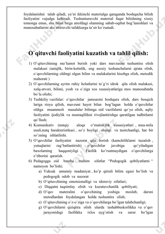 larning qat’iy va dinamikasi: o`quvchilarni mazkur darsga munosabatibi (boshdan oxirigacha bir xilda bo`ldimi yoki o`zgarib turdimi) yo`naltiruvchi usullar va holatlar; a) o`quvchining o`quv faoliyatini amalgam oshirish va rivojlantirish bilan bog’liq bo`lgan kompanentlar qay tariqa namoyon bo`ldi; b) kognitiv (maxsus bilimga asoslangan) component topshiriqlarni ma’lum bilimlarga tayangan holda bajarishga harakat qilishi; c) emotsional – irodaviy komponent – dars mazmunidan va rag’batlantirishidan qoniqqan holda ko`tarinki ruh bilan barcha qiyinchiliklarni yengishga harakat qilishi; d) o`z – o`zini baholash komponenti – o`z imkoniyatlarini to`g’ri baholay olish, o`z imkoniyatlarini rivojlantirishga intilishi; 6) o`quvchilarning yangi mavzuni to`g’ri tushunganligi va uni o`zlashtira olganligi; 7) dars davomida namoyon bo`lgan o`quvchilar faoliyatidagi ijobiy va salbiy sifatlar baholash mezonlari -5 -4 -3 -2 -1 5-7 dars psixologik-pedagogik jihatdan namunali tashkil qilingan. o`qituvchining pedagogik mahorati, bilim, ko`nikma va malakalari, tashkilotchilik qobiliyati yuqori darajada. 5-7 dars psixoligik-pedagogik jihatdan yaxshi tashkil qilingan. o`qituvchining pedagogik mahorati, bilim, ko`nikma va malakalari, tashkilotchilik qobiliyati shakllangan. 5-7 …