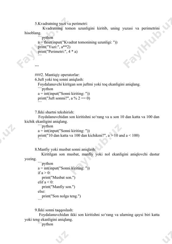 b > a) print("ikki son teng:", a == b) ``` 10.foydalanuvchi yoshini tekshirish: foydalanuvchidan yoshini so‘rang va u voyaga yetganmi yoki yo‘qmi aniqlang. (voyaga yetganlik: 18 yoshdan katta yoki teng.) ```python age = int(input("yoshingizni kiriting: ")) print("voyaga yetganmisiz?", age >= 18) ``` bu topshiriqlar o‘quvchilarga arifmetik va mantiqiy operatorlardan foydalanishni o‘rgatishga yordam beradi. istalgan topshiriqni murakkablashtirish yoki qo‘shimcha vazifalar bilan boyitish mumkin! 😊