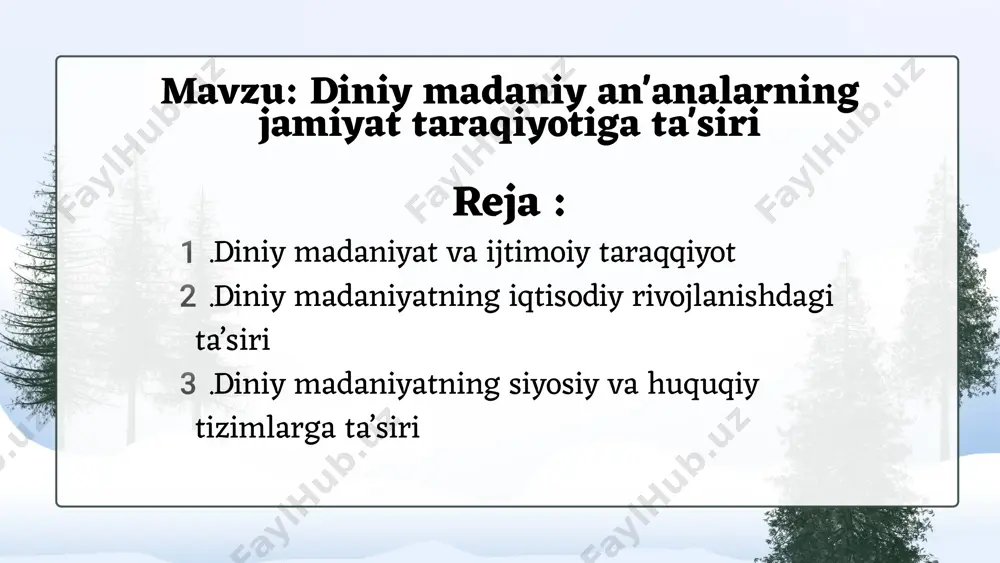 t asosida rivojlanishiga yordam beradi. diniy madaniyatning iqtisodiy rivojlanishdagi ta’siri diniy madaniyatning iqtisodiy rivojlanishdagi roli jamiyatning iqtisodiy faoliyatini shakllantirishda va iqtisodiy tizimlarning samarali ishlashida muhim ahamiyatga ega. diniy qadriyatlar nafaqat jamiyatda axloqiy normalarni belgilashda, balki iqtisodiy faoliyatda, mehnat etikasida, tadbirkorlik va iqtisodiy barqarorlikda ham o‘z aksini topadi. diniy qadriyatlar, ko‘pincha mehnatni muqaddas bir faoliyat sifatida qabul qiladigan madaniyatlarda mavjud. ko‘plab diniy ta’limotlar mehnatni yuksak qadriyat sifatida ko‘rsatadi, bu esa jamiyatda mehnatga bo‘lgan hurmatni shakllantiradi. masalan, xristianlikdagi "kharisma" (yaxshi mehnat qilish) va islomdagi "halol" (to‘g‘ri va halol mehnat qilish) kabi tamoyillar, jamiyatda samarali ish qilishni va mehnatga bo‘lgan munosabatni yaxshilashga yordam beradi. bu qadriyatlar insonlarni mehnat qilishga va iqtisodiy faollikka rag‘batlantiradi, bu esa iqtisodiy o‘sish va taraqqiyotga olib keladi. diniy qadriyatlar tadbirkorlik va innovatsiyalarni qo‘llab-quvvatlashda ham o‘z ta’sirini ko‘rsatadi. ba’zi diniy an’analar tadbirkorlikni qo‘llab-quvvatlaydi, chunki ular iqtisodiy faoliyatni rivojlantirish va ijtimoiy xizmatlar ko‘rsatishning muhimligini tan oladi. masalan, islomda "rizq" (xudo tomonidan …