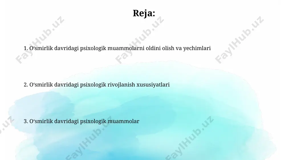 3-17 yoshdagi oʻsmirlar orasida chekish kabi zararli odatlarning tarqalishi 20% ni tashkil etadi va bu koʻrsatkich qishloq joylariga nisbatan shaharlarda ancha yuqori. oʻsmirlik davrida giyohvand moddalarni iste’mol qilishning 30% gacha holatlari oilaviy muammolar va ota-onalarning nazorati zaifligi bilan bogʻliq boʻlib, ayniqsa, toshkent kabi yirik shaharlarda kuzatiladi. depressiya va xavotirlilik oʻzbekistonning qishloq hududlarida yashovchi oʻsmirlar orasida depressiya va xavotirlilik belgilari kamroq uchrasa-da, ijtimoiy izolyatsiya va cheklangan imkoniyatlar bu holatni kuchaytirishi mumkin. depressiya va xavotirlilik bilan ogʻrigan oʻsmirlarning 30% dan ortigʻi professional yordamga murojaat qilmaydi, bu esa sogʻliqni saqlash tizimida ruhiy salomatlik xizmatlarining yetarli emasligini koʻrsatadi. oʻsmirlik davrida duch kelinadigan psixologik muammolar oʻsmirlik davrida, taxminan 13-19 yosh oraligʻida, depressiya holatlari 15% ga yaqin qizlarda va 10% ga yaqin oʻgʻil bolalarda uchraydi, ayniqsa, shaharlarida yashovchi yoshlar orasida bu koʻrsatkich yuqoriroq. 2023 yilgi tadqiqotlarga koʻra, toshkentdagi maktablarda oʻqishga moslashish qiyinchiliklari tufayli oʻsmirlarning 20% dan ortigʻi oʻqishga boʻlgan qiziqishini yoʻqotishi va oʻziga boʻlgan ishonchning pasayishi …