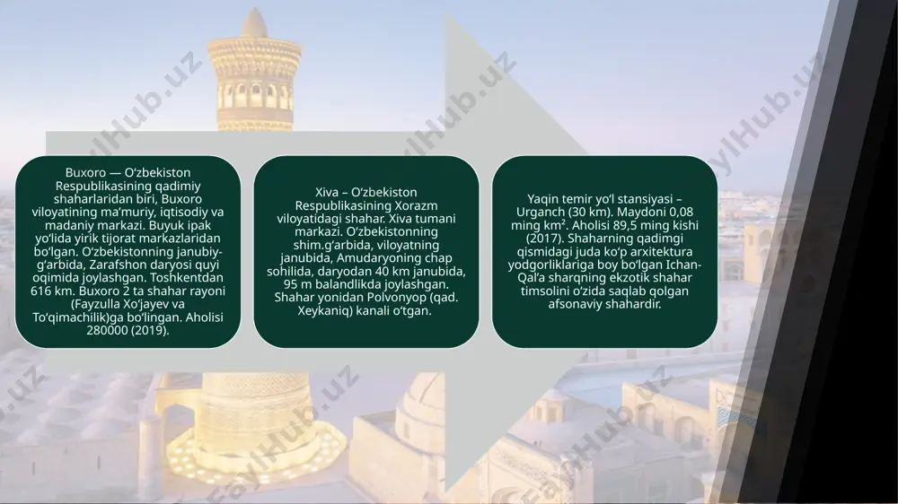 ot ahliga homiylik qilgan, o`z davlatlari tarixini yaratgan hukmdorlar ham bo`lgan. uchala xonlik xalqlarini ma`naviy hayotda birlashtirib turgan kuch o`zbek tili bo`ldi. ayni paytda davlat idora ishlarida fors tii ham qullanilgan. ijtimoiy hayota o`zbek va fors tillari qo`llanilgan. an`anaga ko`ra esa fanda va maktabda arab tili muhim o`rin tutgan. madrasalar uch (boshlang`ich, o`rta va yuqori) bosqichli bo`lib, ularda arab, fors va o`zbek tili mukammal o`rgatilgan. shuningdek, fiqh, hisob, handasa, astranomiya, axloq, falsafa, antiq, adabiyot, geografiya, tarix tabobat o`qitilgan. bu bayram dastlab yunesko ning parijdagi bosh qarorgohida boshlandi. xiva shahrining ark maydonida 1997 yil 20 oktyabrda o’tgan teatrlashgan tomosha o’z mohiyati, tarixiy falsafiy teranligi (muallif o.matjon, rejissyor rustam hamidov, bastakor rustam abdullayev) bilan e’tiborga molik 2009 yil 2-10 aprel kunlari yuneskoning parijdagi bosh qarorgohida toshkent shahrining 2200 yilligiga bag’ishlangan yubiley tantanalari bo’lib o’tdi. 2009 yil 26-27 mayda toshkent shahrida “toshkentning jahon sivilizatsiyasi taraqqiyotida tutgan o’rni” mavzuida xalqaro ilmiy konferensiya o’tkazildi. 2009 …