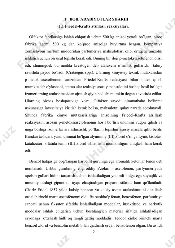 lay hamda arzon usullarini toppish, ularning biologic xossalarini o’rganish organic kimyoning dolzarb vazifalaridan biri hisoblanadi. masalan, pirokatexinni xloratsillash mahsuloti tibbiyotda qon bosimi keskin tushib ketganda qon bosimni ko’taruvchi “noradrenalin” preparatini tayyorlashda, 4-nitrofenolning xloratsillash mahsuloti esa “levomitsetin” nomi bilan antibiotik sifatida ishlatiladi. ko’pchilik aromatik birikmalar va xloralmashgan fenollarni xloratsillash reaksiyasidan olingan moddalar qishloq xo’jaligida pestitsidlar sifatida qo’llaniladi. shuning uchun ham yangi xloratsil mahsulotlar va ularning hosilalarini sintez qilishning qulay, iqtisodiy arzon va ekologik toza usullarini ishlab chiqish organik kimyoning bugungi kundagi ustuvor vazifalaridan biri hisoblanadi. ishning maqsadi: –p-xloratsetilfenilsirka kislota sintez qilishning qulay usullarini ishlab chiqish; –sintezlangan p-xloratsetilfenilsirka kislotani ajratib olish va hamda uning tuzulishini zamonaviy fizik-kimyoviy metodlar bilan o’rganish; –sintezlangan p-xloratsetilfenilsirka kislotaning biologik faolligini o’rganish; ishning vazifalari: –benzoil va monoxlorsirka kislotadan xloratsetilxlorid olish; –fenilsirka kislotani erituvchilarda xloratsetilxlorid bilan reaksiyasini o’rganish; –sintezlangan p-xloratsetilfenilsirka kislotani reaksion qobiliyatini nazariy tahlil qilish; tadqiqot natijalarining ilmiy va amaliy ahamiyati: bitiruv malakaviy ishni yozish mobaynida bugungi kunda …