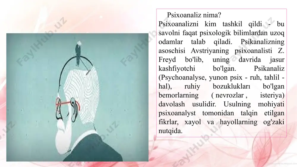 nligini ishondi. ekskursant psixoanaliz klassik psixoanaliz - asosiy g'oyalar frantsiyalik faylasuf va yozuvchi j.p. ekzistensial psixoanaliz tanqidining asoschisi sartre va freyd libidoni asl tanlov bilan almashtirildi. ekzistensial tahlilning asosiy mazmuni shundaki, shaxs - har doim o'z o'zini o'zi tanlab olishi uchun aniq bir ma'noga ega bo'lgan yaxlitlikdir. tanlash - bu shaxsiyat. taqdir saylovlardan rivojlanadi. psikanaliz usullari zamonaviy psixoanaliz bemorlarni davolashda, shuningdek terapiya turlarida o'zgarishga uchradi, ammo asosiy metodlarni muvaffaqiyatli ishlatish davom etdi: erkin assotsiatsiyalar usuli. bemor divanda yotadi va aqlga kelgan barcha fikrlarni aytadi. orzularni talqin qilish usuli. z. freydning sevimli uslubi, u bu orzularni ongsiz ravishda shohona yo'l deb hisoblagan. tarjima usullari. ushbu usul sizni ongsiz jarayonlarni ong darajasiga olib chiqish imkonini beradi. bemor (analist) aytadiki, psixoanalist tasdiqlanadigan va tasdiqlanadigan ma'noni bildiradi va ma'no bilan bog'liq har qanday hodisalar chaqiriladi yoki bemor tomonidan qabul qilinmaydi. klassik psixoanaliz individual yoki freudiylikning ortodoks psixologiyasi z. freydning asosiy texnikasiga asoslangan. hozirgi bosqichda …