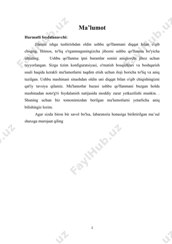 sinov uzunligi: 25, 50, 100, 200, 250, 500 mm. 6. sinov usuli: a. to'g'ridan-to'g'ri hisoblash usuli: (yakka ip sinovi uchun) b. bir martalik burama va yechish usul: c. ikki marta burama va yechish usul (sinov uzunligi faqat 250 mm bo'lishi mmkin) d. uch marta burama va yechish usul (sinov uzunligi atigi 250 mm yoki 500 mm bo'lishi mumkin) 7. sinov ma'lumotlarini chiqarish rejimi displey chiqishi hisoblanadi: har bir burilish qiymati xi - har bir partiyaning o'rtacha burilish qiymati xe - testlar soni nn - o'rtacha burilish n1- dan past bo'lgan hodisalar soni; o'rtacha kvadrat xatosi s notekislik h- o'zgaruvchanlik koeffitsienti cv- burilish koeffitsienti a. 8. elektr ta'minoti: (220 ± 10%) v, 50hz. 9. quvvat: 25 vt dan kam (xost) 10. atrof muhit harorati (20 ± 10) ℃ 3. umumiy ko`rinishi iplarni burama o'lchagich asosan boshqaruv qutisi, tortish mexanizmi, ipni kiritish ramkasi va ma'lumotlarga ishlov berish tizimidan iborat. 1. boshqarish qutisi …