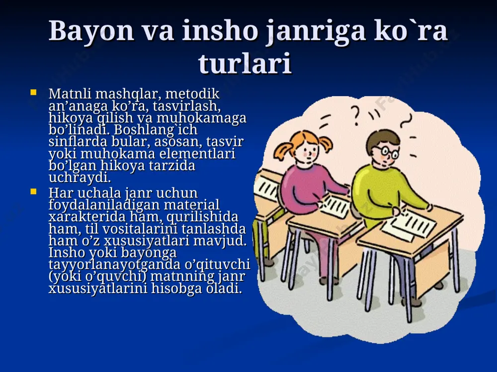 ilar. bolalarni o’z fikrini mustaqil yozishga (o’qilgan matnni hikoya qilishga) o’rgatishni, iloji boricha, erta boshlash ma’qul. buning uchun o’quvchilar og`zaki hikoya qilayotganda qo’llagan alohida so’zni yozishdan gapni yozishga, so’ng matn qismlarini yozishga va 2-sinfdan boshlab maxsus tanlangan kichik matn asosida bayon yozishga o’rgatiladi.