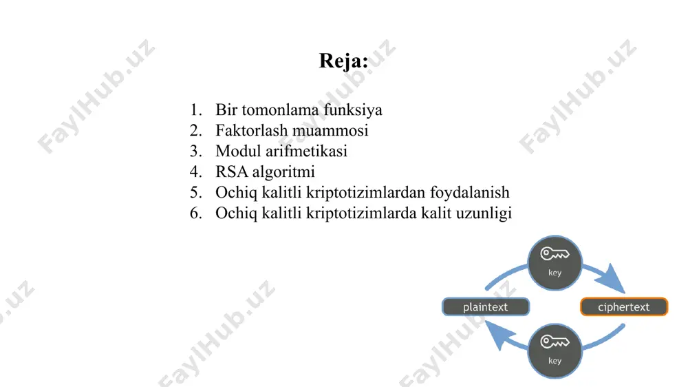 teskarisi 1/a ga teng bo‘lsa, modul arifmetikasida esa a sonining n modul bo‘yicha teskarisi a-1modn ko‘rinishida belgilanadi. odatiy matematikada sonni uning teskarisiga ko‘paytmasi birga teng bo‘lgani kabi, modul arifmetikasida ham soning uning teskarisiga moduldagi ko‘paytmasi birga teng bo‘ladi. ya’ni, a-1modn = b bo‘lsa, u holda (a * b)modn = 1 tenglik o‘rinli bo‘ladi. izoh. kriptografíyada modul sifatida (ya’ni, bo‘luvchi) faqat tub sonlardan foydalanish talab etiladi. ya’ni, amodn tenglikdagi n har doim tub bo‘lishi lozim. rsa shifrlash algoritmi rsa nomi algoritmni yaratuvchilari familiyalarining birinchi xarfidan olingan (rivest, shamir va adleman). algoritm modul arifmetikasining darajaga ko‘tarish amalidan foydalanishga asoslangan. algoritmni quyidagi qadamlar ketma-ketligi ko‘rinishida ifodalash mumkin. 1-qadam. ikkita tub son p va q tanlanadi. 2-qadam. kalitning ochiq tashkil etuvchisi n hosil qilinadi n=p*q. 3-qadam. quyidagi formula bo‘yicha eyler funksiyasi hisoblanadi: f(p,q)=(p-1)(q-1). eyler funksiyasi n bilan o‘zaro tub, 1 dan n gacha bo‘lgan butun musbat sonlar sonini ko‘rsatadi. o‘zaro tub sonlar deganda 1 …
