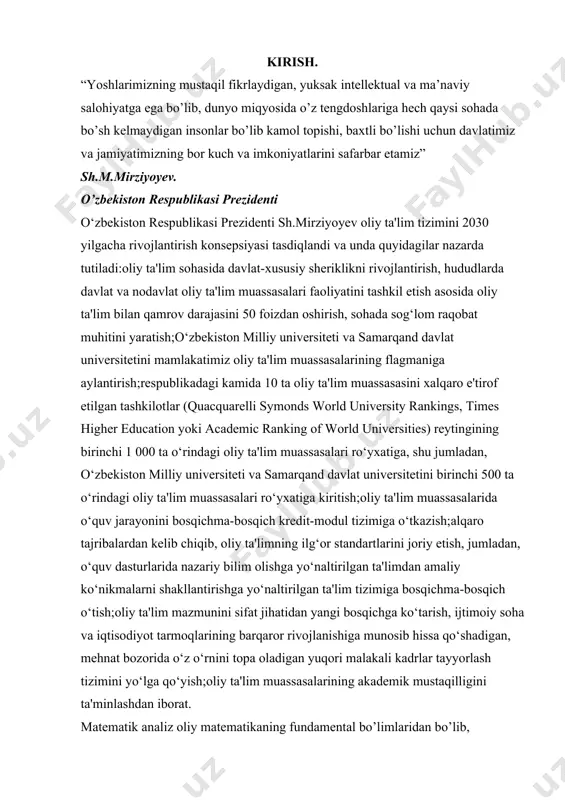 ko‘tarish, ijtimoiy soha va iqtisodiyot tarmoqlarining barqaror rivojlanishiga munosib hissa qo‘shadigan, mehnat bozorida o‘z o‘rnini topa oladigan yuqori malakali kadrlar tayyorlash tizimini yo‘lga qo‘yish;oliy ta'lim muassasalarining akademik mustaqilligini ta'minlashdan iborat. matematik analiz oliy matematikaning fundamental bo’limlaridan bo’lib, matematikaning poydevori hisoblanadi. ma’lumki, matematik analiz kursi davomida ko’pgina tushuncha va tasdiqlar, shuningdek, ularning tasdiqlari keltiriladi.ushbu kurs ishida bir o’zgaruvchili funksiyalar,elementar funksiyalar ko’rinishlari, funksiyaning uzluksizligi va uning xossalari, bir o’zgaruvchili funksiyalarni hosilasi va uning differensiali, ular o’rtasidagi bog’lanish tog’risida ma’lumotlar keltirilgan. kurs ishining maqsadi: matematik analiz darslarida funksiya va uning uzluksizligi, bir o’zgaruvchili funksiyalarni hosilasi va uning differensiali haqida ma’lumotlarni o’rganishdan iborat. kurs ishining ob’ekti: oliy va o’rta ta’lim muassasalarida matematik analizni o’qitish jarayoni. kurs ishining predmeti: uzluksiz funksiyalar kurs ishining vazifalari: 1. mavzuga doir ma’lumotlarni yig’ish va rejani shakllantirish; 2. bir o’zgaruvchili uzluksiz funksiyalarni yoritib berish; 3. kurs ishi mavzusini o’rgatish metodikasini bilish; 4. o’quvchilarda uzluksiz funksiyalar bo’yicha ko’nikma shakllantirish; kо‘p о‘zgaruvchili …
