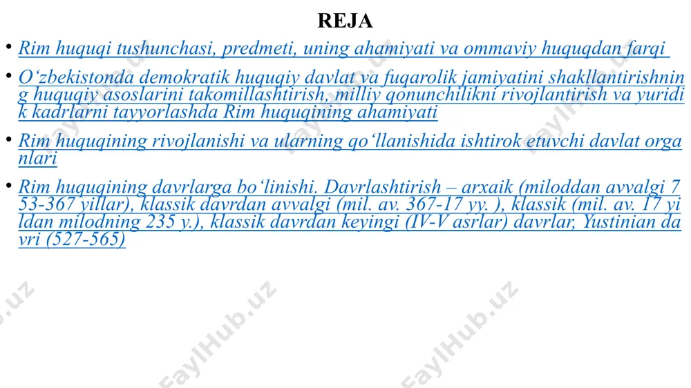 ur huquqshunosi ulpian: “ommaviy huquq – davlatning huquqiy maqomi bilan belgilanadigan, xususiy huquq esa alohida shaxslarning manfaati, foydasi bilan bog’liq harakatlardan tashkil topgan rim huquqida ius (yus) – huquq, huquqdorlik, vakolat, huquq normalari rim huquqi tushunchasi, predmeti, uning ahamiyati va ommaviy huquqdan farqi ommaviy huquq (ius publicum) – davlat manfaatini, erkini, uning huquqiy holatini himoya qiladigan, uning maqomi bilan bog’liq munosabatlarni tartibga soluvchi huquqiy normalardan tashkil topgan munosabatlar ommaviy huquq – davlatni idora etish, davlat organlari tizimi, ularning vakolati, mansabdor shaxslar tushunchasi, muassasalar, davlatning irodasini, erkini amalga oshiruvchi hujjatlar va barcha fuqarolar uchun majburiy va bajarishi shart bo’lgan hamda shaxslarning kelishishi asosida o’zgartirilishi mumkin bo’lmagan yig’indisi xususiy huquq (ius civili) – alohida shaxslarning erki, irodasi va manfaatlarini ko’zlar ekan, u huquq subyektlarining ixtiyoriy ravishda mustaqil, o’z xohish-irodalarining, avtonomiya, erkin raqobat, fuqaroning o’z huquqini himoya qilish yoki qilmasligini o’zi hal etishini, da’vo qilish yoki rad etish, merosni qabul qilish yoki undan …