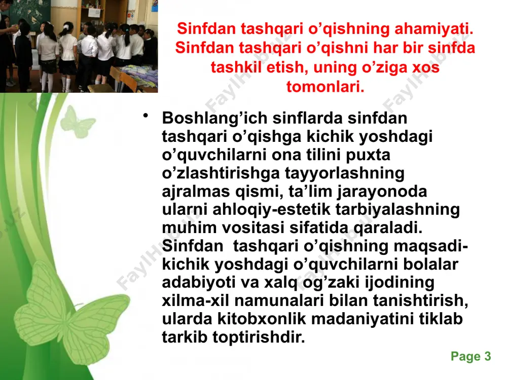 o’stirish, adabiy – estetik tafakkurni yuksaltirishga xizmat qiladi. bolalar adabiyoti avvalo o’zining qiziqarli mazmuni, badiiy obrazlarining go’zalligi, tilning ifodaliligi, she’riy so’zlarning musiqaviyligi bilan bolalarga quvonch baxsh etadi. ayni vaqtda u bolalarga tarbiyaviy ta’sir ham ko’rsatadi.bolalar adabiyoti o’quvchiga jonajon o’lka tabiatini, kishilarning mehnati, hayoti, ularning qilayotgan ishlari va ko’rsatayotgan qahramonliklarini, bolalar hayotidan olingan voqealarni, bolalarning o’yinlari, ertaliklari, orzu istaklarini hikoya qilib beradi. bu borada ertaklar katta ahamiyatga ega. free powerpoint templates page ‹#› sinfdan tashqari o’qish mashg’ulotlari sinfdan tashqari o’qish mashg’ulotlari o’qish darslari bilan bog’lab olib boriladi. o’quvchilar o’ituvchi rahbarligi ostida avval mavzuga oid bir nechta kitob bilan tanishsalar, so’ngrabolalarning qiziqishlariga mos, ruhiyatlariga yaqin har xil mualliflarning bir mavzuga doir kitoblarini mustaqil tanlab o’qishga o’tadilar. bunda asosan o’qituvchi o’quvchilarni maktab kutubxonasiga, 3-4 sinflardan boshlab tuman yoki shahar kutubxonasiga sayohat uyushtirib, bolalar adabiyoti bilan muntazam tanishtirib boradi. shuningdek bolalar gazeta va jurnallari ham o’quvchilarga ertak, hikoyalar o’qishga yordam beradi. free powerpoint templates …