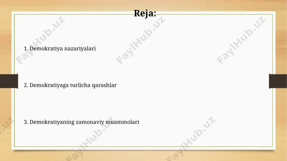 lashga olib kelishi mumkin. siyosiy qarorlar qabul qilish jarayonida axborotlarning noto'g'riligi yoki manipulyatsiyasi, dezinformatsiya kabi omillar demokratiyaning ishonchlilik darajasini pasaytirib, 50% dan ortiq fuqarolarni siyosiy jarayondan chetlatishi mumkin. elita nazariyalari pleyto va aristotelning asarlarida ham elitaning ahamiyati haqida fikrlar mavjud bo'lib, ular demokratiyaning ideal shakli haqidagi turli xil nuqtai nazarlarni ifodalaydi. элита nazariyalari jamiyatdagi 20% ga yaqin yuqori qatlam vakillarining siyosiy qarorlar qabul qilishdagi hukmron rolini ta'kidlaydi va ularning demokratiyaga ta'sirini o'rganadi. liberal demokratiya modeli liberal demokratiya modeli individual huquqlarini, jumladan, so'z erkinligi, yig'ilish erkinligi va matbuot erkinligini himoya qilishga 1-o'rinda e'tibor qaratadi, bu 3 ta asosiy tamoyil siyosiy ishtirokning kengayishiga olib keladi. ushbu model siyosiy vakillik orqali 2 partiyali yoki ko'p partiyali tizimlar orqali hukumatni amalda amalga oshirishni ta'minlaydi, bu esa kuchlarning taqsimlanishiga va siyosiy tenglikka 50 foizdan ortiq ta'sir ko'rsatadi. demokratiyaning kelajagi va istiqbollari demokratiyaning kelajagi, globalizatsiya jarayonlari va transmilliy tashkilotlarning ta’siri bilan bog'liq bo'lib, 21-asrda 70% ga …