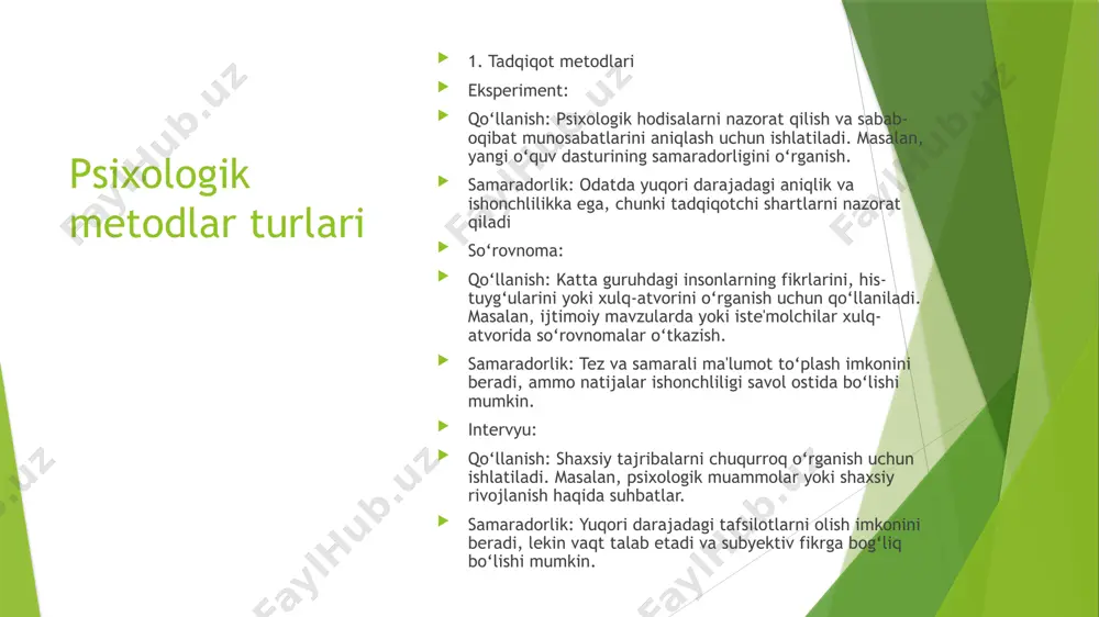 psixologik usullarni qo‘llash mumkin. 7. kasbiy qarorlar qabul qilish psixologik tadqiqotlar va metodlar asosida kasbiy qarorlar qabul qilish jarayonida ilmiy yondashuvni ta'minlaydi. bu, masalan, kadrlarni tanlash yoki yangi strategiyalarni ishlab chiqishda qo‘llaniladi. psixologik metodlarni rivojlantirish imkoniyatlari haqida psixologik metodlarni rivojlantirish imkoniyatlari ko‘plab sohalarda mavjud bo‘lib, bu metodlarning samaradorligini oshirish va yangi yondashuvlar ishlab chiqish uchun keng ko‘lamli tadqiqotlar, amaliyotlar va innovatsiyalarni o‘z ichiga oladi. quyida psixologik metodlarni rivojlantirishning ba'zi imkoniyatlari keltirilgan: 1. ilmiy tadqiqotlar psixologik metodlarni rivojlantirish uchun ilmiy tadqiqotlar o'tkazish muhimdir. yangiliklarni, nazariyalarni va amaliy metodlarni sinovdan o'tkazish orqali psixologiyaning turli sohalarida (masalan, klinik psixologiya, ijtimoiy psixologiya, ta'lim psixologiyasi) yangi yondashuvlar ishlab chiqilishi mumkin. 2. texnologiyalarni qo‘llash zamonaviy texnologiyalar, masalan, sun'iy intellekt, virtual haqiqat va mobil ilovalar psixologik metodlarni rivojlantirishda yangi imkoniyatlar yaratadi. masalan, onlayn psixologik testlar, terapevtik ilovalar yoki virtual maslahat xizmatlari orqali psixologik yordam ko‘rsatishning yangi usullari paydo bo‘lmoqda. 3. interdisciplinar yondashuv psixologiya boshqa fanlar bilan hamkorlikda …
