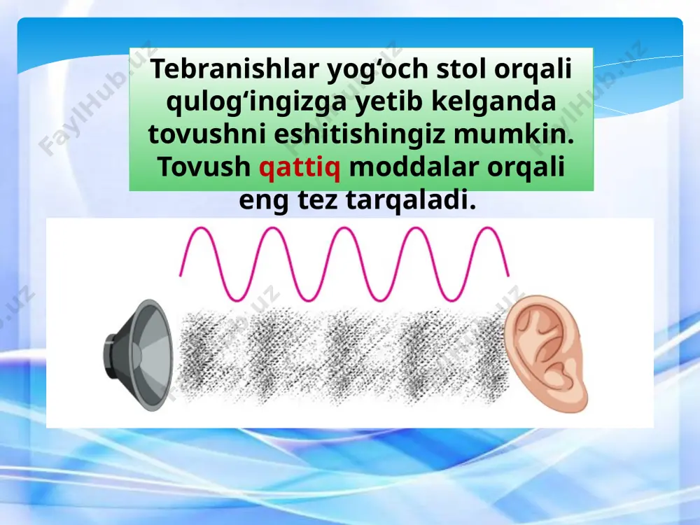 , turgan holda 5-12 hz, ko‘krak qafasining xususiy tebranishlar chastotasi 5-8 hz, qorin bo‘shlig‘iniki 3-4 hz bo‘lib, bu infratovush chastotalariga mos keladi. ultratovush chastotasi 20000 hz dan ortiq bo’lgan (yuqori chegarasi tahminan 109 – 1010 hz) mexanik to’lqinlar ultratovush deyiladi. biologik muhitlarning to’lqin qarshiliklari havonikiga nisbatan 3000 marta katta. shu sababli ut-nurlatgichlar odam tanasiga qo‘yilsa, ultratovush tana ichkarisiga otmasdan nurlatgich va odam tanasi orasida hosil bo’lgan yupqa havo ustunidan qaytadi. havo qatlami hosil bo’lmasligi uchun nurlatgichning sirti yuzasiga yupqa moy qatlami surtiladi. ultratovushning tibbiy-biologik qo‘llanishlarini asosan ikki yo‘nalishga ajratish mumkin: birinchisi kuzatish va diagnostika usullari, ikkinchisi ta’sir etish uslublari. ultratovushning ko'rlar uchun qo’llanilishi qiziqarlidir. “oriyentir” kichkina asbobi hosil qilgan ultratovush lokatsiyasi yordamida 10 m gacha uzoqlikdagi jismlarni bilib olish va ularning qanday xarakterda ekanligini aniqlash mumkin. infratovush va ultratovushni inson qulog‘i eshitmaydi. dengiz va okeanlarda chuqurlikni o‘lchash hamda suv osti kemalarini aniqlash uchun ultratovushlardan foydalaniladi. buning uchun dengiz tubiga ultratovush …