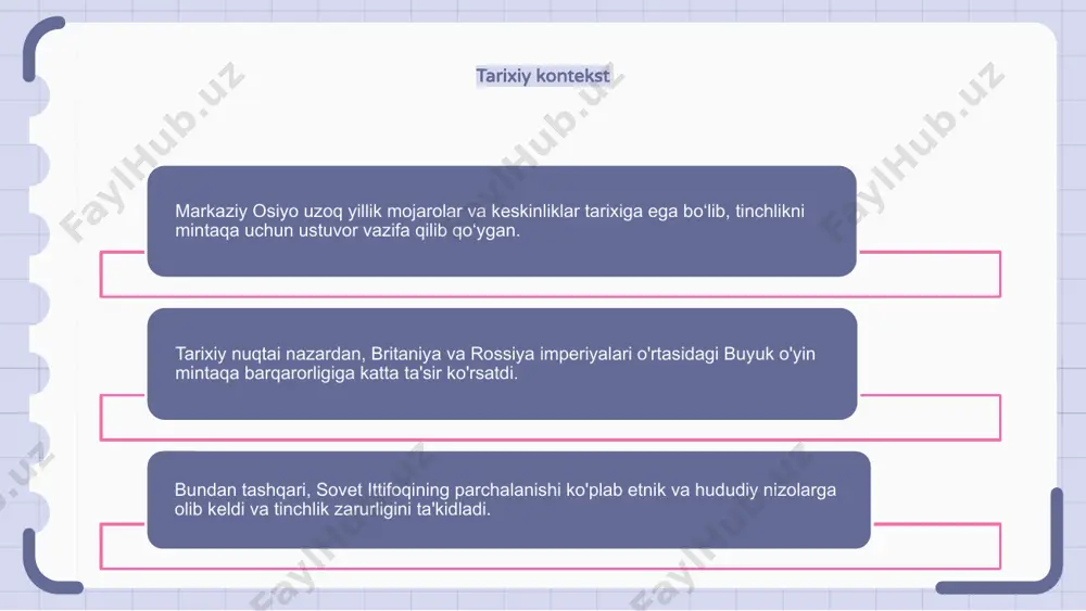 hal etishga ko‘maklashish orqali tinchlik va barqarorlikni ta’minlashda xalqaro hamjamiyat muhim rol o‘ynashi muhim. xalqaro hamjamiyat mojarolarning asl sabablarini bartaraf etish, yarashuv va markaziy osiyo mamlakatlari oʻrtasida ishonchni mustahkamlash boʻyicha diplomatik saʼy-harakatlarni qoʻllab-quvvatlashi va yordam berishi kerak. bundan tashqari, xalqaro hamjamiyat gumanitar yordam ko‘rsatish, iqtisodiy taraqqiyotga ko‘maklashish, mintaqaviy hamkorlik va integratsiyani mustahkamlash orqali mintaqa tinchligi va barqarorligiga hissa qo‘shishi mumkin. xavfsizlik tashvishlari xavfsizlik nuqtai nazaridan markaziy osiyoda tinchlik o'rnatish birinchi o'rinda turadi. mintaqada turli xil xavfsizlik muammolari, jumladan, terrorizm, ekstremizm va giyohvand moddalar savdosi mavjud. tinchlikni saqlashga qaratilgan sa’y-harakatlar mintaqa barqarorligi va taraqqiyotini ta’minlashda muhim ahamiyat kasb etadi. umumiy xavfsizlik muammolarini hal qilish va markaziy osiyoda tinchlikni mustahkamlash uchun xalqaro hamkorlik zarur. birlashgan millatlar tashkiloti va mintaqaviy tashkilotlar markaziy osiyo mamlakatlari oʻrtasida xavfsizlik muammolarini hal qilish va tinchlikni mustahkamlash uchun muloqot va hamkorlikni yoʻlga qoʻyishda muhim rol oʻynaydi. 1 2 3 diniy omillar markaziy osiyoda tinchlik ustuvorligini shakllantirishda diniy omillar …