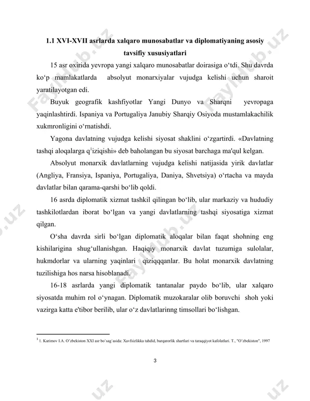r ayyala «urush va harbiy ittifoqlar qonun-qoidalari to‘g‘risida» asar yozgan. 1585-yil italiyalik alberiko jentilining «elchixona haqida»gi kitobi juda keng tarqaldi. xalqaro huquq to‘g‘risidagi fan bo‘yicha birinchi o‘rin gugo grotsioga tegishli. gollandiyalik ushbu huquqshunosning tarixiy ishlarinng ma'nosi shuki-u o‘sha davrdagi to‘xtovsiz urushlar, talonchiliklarning oldini olishga harakat qilgan. u 1625 yilda «urush va tinchlik huquqlari to‘g‘risida» kitob yozgan. kitobning asosiy boblalari elchi huquqlariga bag‘ishlangan. o‘sha boblarda 17 asr boshlaridagi elchilar huquqlari bilan bog‘liq urf-odatlarga e'tibor berilgan. 17 asrda chiqa boshlagan asarlarda elchilarga qo‘llanmalar yaratishga e'tibor berildi, sababi elchilar o‘z vazifalarini yaxshi bilishlari kerak edi. urush – o‘sha davrdagi tashqi siyosat ko‘rinishlaridan biriga aylandi. urushlarning kelib chiqishiga chegaralar, sulolaviy ziddiyatlar va savdo-sotiq bilan bog‘liq masalalar sabab bo‘lar edi. 16 asrda yevropada asosan uchta holat urushga sabab bo‘ladigan bo‘ldi: 1. ispaniyaning savdo va mustamlakachilikka qiziqishlari; angliya va fransiyaning italiya urushlariga qo‘shilishi; 16 asr 2-yarmida ispaniya va angliya o‘rtasidagi urush. 2. usmoniylar imperiyasi bilan yevropa …
