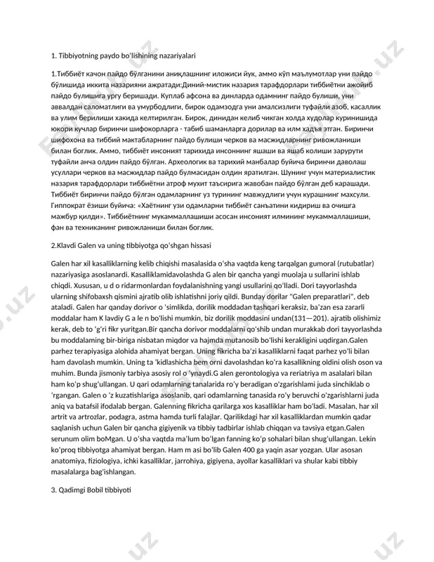 itda, qanday kelib chiqqani va rivojlanganini manbalarga asoslanib tushuntirib berishdir. unda tibbiyotning kelib chiqishi va rivojalnishi haqidagi turli tushunchalar, fikrlar va nazariyalar tahlil qilinadi. shu bilan birga tibbiyot ilmi sohasida qilingan yirik kashfiyotlaro‘rganilib ularga baho beriladi. xususiy tibbiyot tarixi tibbiyotning ayrim sohalarining rivojlanish tarixini o ‘rganish bilan shug‘ullansa ham u umumiy tibbiyot tarixiga hissa qo‘shadi. xususiy tibbiyot tarixi um um iy tibbiyot tarixini boyitadi. aslini olganda um um iy tibbiyot tarixi ta ’lim darajasida xususiy tibbiyot tarixining yig‘indisidir. lekin, u oddiy yig‘indi emas, balki yangi sifatdir. umumiy tibbiyot tarixining o ‘z rivojlanish qonun-qoidalari bor. xususiy tibbiyot tarixida bunday qonun va qoidalar mavjud emas. tibbiyot tarixi fani, uning umumiy va xususiy qismlari hamda ayrim tibbiy bilimlarning har birining o‘ziga xosligi bor. shu bilan birga ularbir-birlari bilan bog‘liqdirlar. tibbiyot tarixi fani tibbiyotning mohiyatini va uning o ‘ziga xos xususiyatlarini tushunishda dastur bo'lib xizmat 2 gippokrat talimoti buyicha mijoz temperametirlari haqida tushuncha 2.gippokrat …