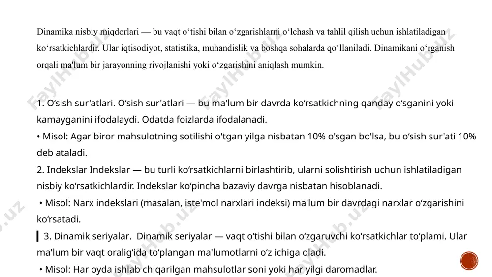 r. ular ko'pincha foizlarda yoki boshqa nisbiy birliklarda ifodalanadi. tuzilma nisbiy miqdorlari yordamida biror tizimning qanday tashkil etilganini, uning tarkibini va qismalarning o'zaro ta'sirini ko'rish mumkin. misollar: 1. ijtimoiy tuzilma: aholining yosh guruhlari, jinsi, ta'lim darajasi va boshqa ijtimoiy ko'rsatkichlar bo'yicha taqsimoti. 2. ishlab chiqarish tuzilmasi: mahsulotlarning turli turlariga bo'lingan ulushi (masalan, oziq-ovqat, sanoat, xizmatlar). 3. byudjet tuzilmasi: davlat byudjetining turli xarajatlar bo'yicha taqsimoti (ta'lim, sog'liqni saqlash, mudofaa va h.k.). ▎dinamik nisbiy miqdorlari dinamik nisbiy miqdorlari esa vaqt o‘tishi bilan o‘zgarishlarni ifodalovchi ko'rsatkichlardir. ular jarayonning rivojlanishini yoki o'zgarishini tahlil qilishda qo'llaniladi. misollar: 1. o‘sish sur'atlari: iqtisodiy o‘sish, ishlab chiqarish yoki sotuvlar o‘sishi. 2. narx indekslari: iste'mol narxlari indeksi yoki ishlab chiqarish narxlari indeksi. 3. daromad o‘zgarishlari: o‘tgan yilga nisbatan daromadning o‘zgarishi. ▎farqlar 1. maqsad: • tuzilma nisbiy miqdorlari: tizimning tarkibini va uning qismalarning o'zaro ulushini tahlil qilish. • dinamik nisbiy miqdorlari: vaqt o‘tishi bilan jarayonlarning o‘zgarishini kuzatish va baholash 2. …