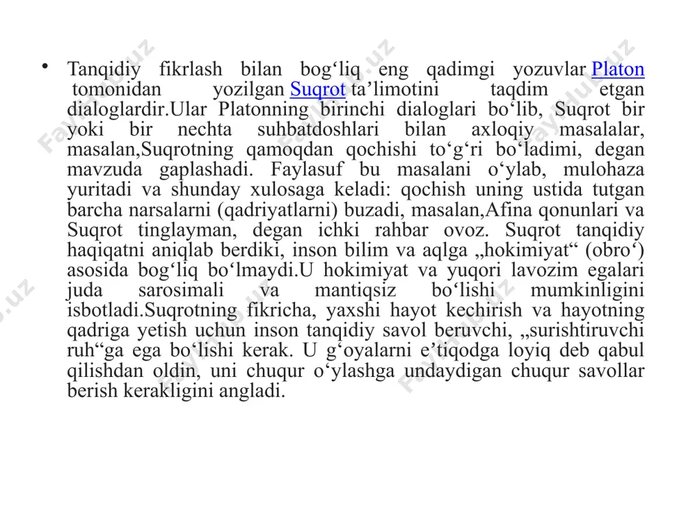 xatolar va notoʻgʻrilikni tan olish kabi narsalar orqali oʻz fikrlash haqida oʻylash. tanqidiy fikrlash „qattiq fikrlash“ emas va u muammolarni hal qilishga (oʻz tafakkurini „takomillashtirish“dan tashqari) yoʻnaltirilmaydi. tanqidiy fikrlash ichki yoʻnaltirilgan boʻlib, fikrlovchining ratsionalligini maksimal darajada oshirishga qaratilgan. inson tanqidiy fikrlash yordamida muammolarni hal qilmaydi, tanqidiy fikrlash yordamida oʻz fikrlash jarayonini yaxshilaydi. [15] ehtiyotkorlik bilan tahliliy aniqlashga asoslangan baholash“ „tanqidiy fikrlash — bu odamlardan fikr yuritishni va ularning eʼtiqodlari va harakatlarini boshqaradigan qarorlar qabul qilishga eʼtibor berishni talab qiladigan fikrlash usuli. tanqidiy fikrlash odamni mantiqiy xulosalar chiqarishga, murakkab maʼlumotlarni qayta ishlashga, narsalarga turli tomonlardan qarashga o‘rgatadi, shuning uchun ular ishonchliroq xulosalar chiqarishi mumkin“. tanqidiy fikrlashning yettita tanqidiy xususiyati mavjud: izlanuvchan va ishtiyoqli, har xillarga ochiq, tizimli fikrlashga qodir, analitik, haqiqatda qatʼiyatli, tanqidiy fikrlashda ishonchli va keyin etuk. tanqidiy fikrlash bir necha yoʻllar bilan belgilanishi mumkin boʻlsa-da, uning asosiy tarkibiy qismi — qoniqarli natijaga erishish uchun kuchli intilish haqida umumiy fikr …