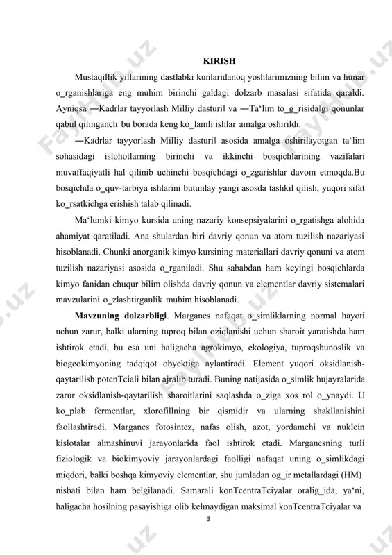 dan iborat bo‗lib, maqsaddan kelib chiqib, quyidagi vazifalar belgilandi: · vii guruh elementlarining umumiy xususiyatlarini tavsiflash; · marganes kichik guruhining kimyoviy elementlarining ochilish tarixini aniqlash; · marganes birikmalari va ularning xossalarini tahlil qilish. kurs ishining obyekti elementlar davriy sistemasi. kurs ishining predmeti elementlar davriy sistemasi vii b guruh marganes kichik guruhi elementlari. kurs ishining tarkibi. ish 2 bob, 4 paragraf, xulosa va foydalanilgan adabiyotlar ro‗yxatini o‗z ichiga olgan 30 sahifadan iborat. i bob elementlar davriy sistemasi umumiy xarakteristikasi 1.1. vii b gurux elementlari marganes(mn), texnesiy(tc) va reniy(re) 1869-yilda rus kimyogari d.i.mendeleyev elementlarning eng asosiy kattaligi sifatida ularning atom massasi deb hisobladi1. u elementlarning bir-biriga o‗xshamaydigan tabiiy guruhlarini taqqoslab, atom massasini o‗zgarishiga qarab elementlar xossalarini davriy ravishda o‗zgarishini aniqladi. shularga asoslangan holda d.i. mendeleyev elementlar davriy qonunini quyidagicha ta‘rifladi: kimyoviy elementlar va ular hosil qilgan oddiy va murakkab moddalarning xossalari shu elementning atom massasiga davriy ravishda bog‗liqdir. boshqalardan farqli ravishda d.i.mendeleyev …