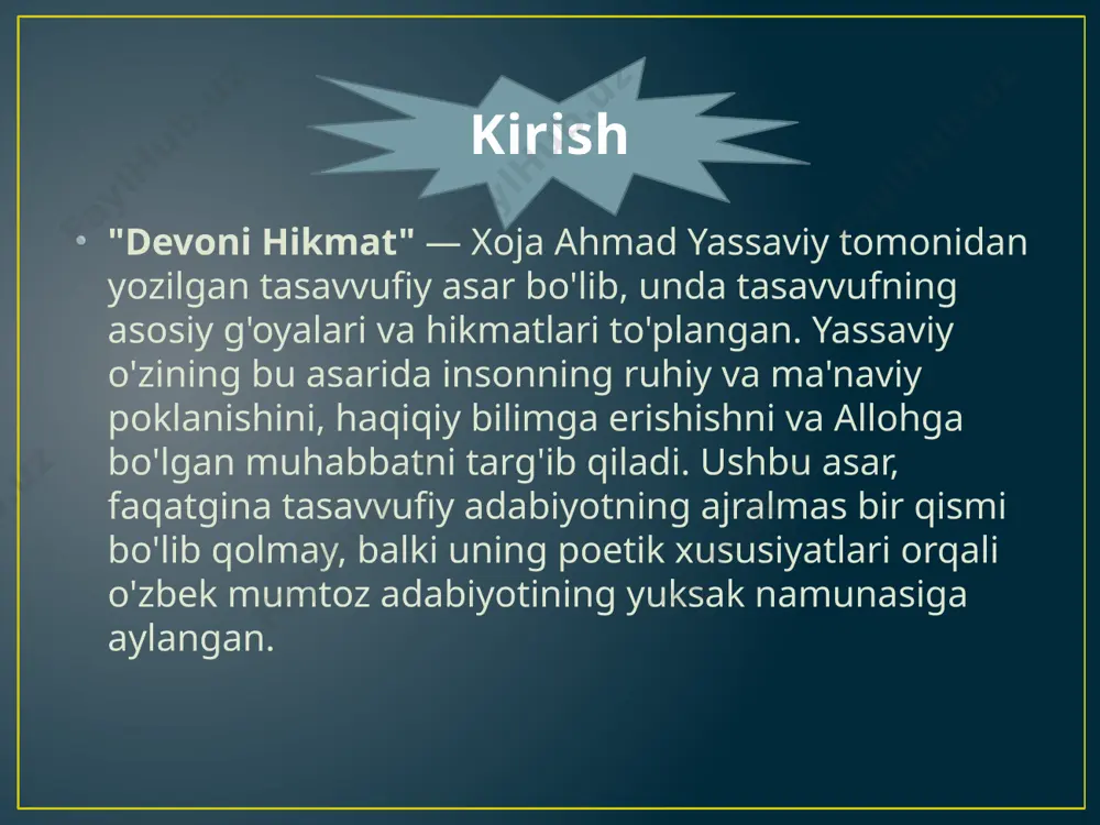 iga olgan, chuqur ruhiy o'zgarishlarga yo'naltiruvchi bir asar sifatida o'zining ahamiyatini yo'qotmagan. yassaviy, asar orqali insonning ichki dunyosini o'zgartirishga, uni poklashga va haqiqiy ma'naviy bilimsizlikdan xalos qilishga intiladi. **karimov s.**ning tasavvuf falsafasi haqidagi ta'limotlari orqali, tasavvufni insonning ma'naviy rivojlanishi va haqqa yetishish yo'li sifatida tushunish mumkin. yassaviyning tasavvuf yo'li, ilm olishdan ko'ra, ichki poklik va ruhiy uyg'onishni talab qiladi. "devoni hikmat"da ham aynan shu g'oya aks etgan — haqiqiy bilim faqat allohning irodasi bilan yuzaga keladi va inson o'z ichki dunyosini anglash orqali haqiqiy hikmatga erishadi. yassaviy o'z asarida, har bir hikmatni insonning ichki kechinmalari, muammolari va dunyoqarashi bilan bog'lab beradi, bu esa uning g'oyalarini yanada chuqurroq tushunishga yordam beradi. shuningdek, yassaviy o'zining asarlarida diniy va tasavvufiy bilimlarni odamlar uchun oddiy, tushunarli tarzda bayon qiladi, bu esa uning ta'limotining keng omma orasida tarqalishiga zamin yaratdi. asar bugungi kundagi tasavvuf falsafasini o'rganish va tushunish uchun muhim manba sifatida xizmat qiladi. 5. …
