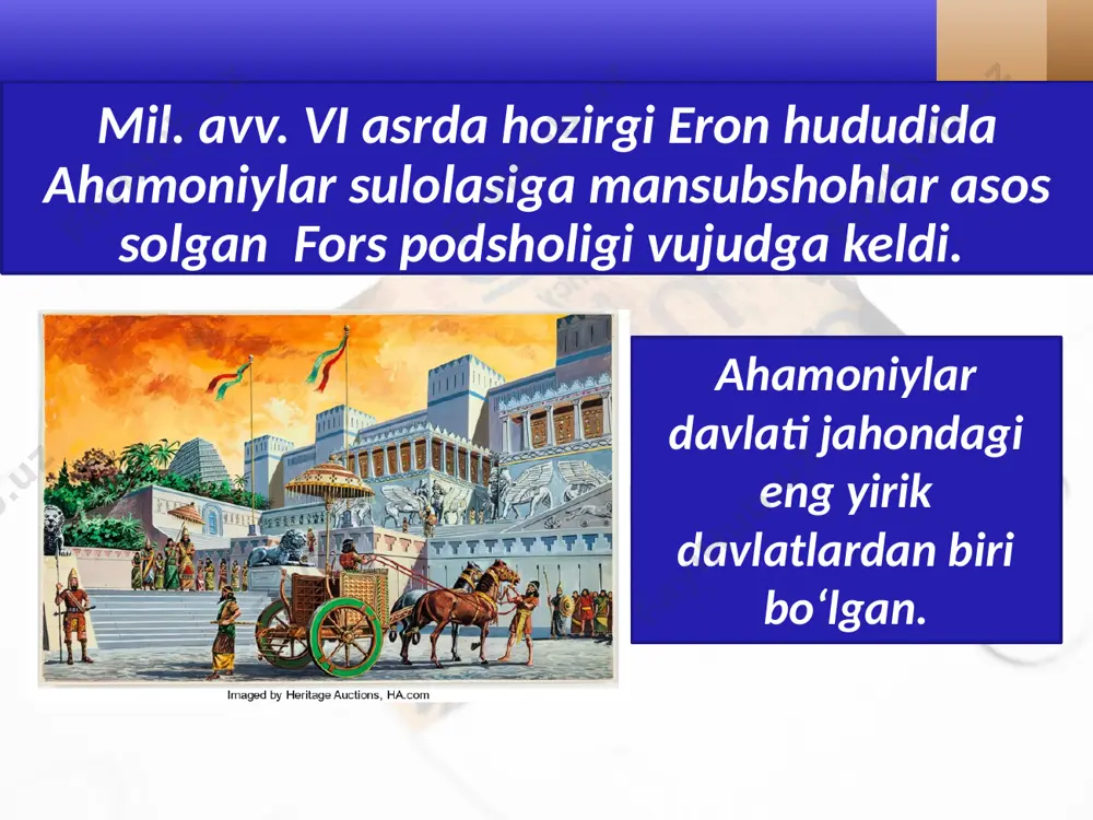 yildan ziyod hukmronlik qilgan. makedoniyalik aleksandr savol va topshiriqlar 1. fors podsholigi qachon tashkil topgan? 2. qaysi sulola hukmdorlari fors podsholigiga asos slogan? 3. elam davlati qachon vujudga kelgan? 4. kir ii qaysi davlatlarni bosib oldi? 5. doro i o’z davlatida qanday islohotlar o’tkazdi? image2.jpg image3.jpeg image4.jpeg image5.jpeg image6.jpeg image7.jpeg image8.jpeg image9.jpeg image10.jpeg image11.jpeg image12.jpeg image13.jpeg image14.jpeg image15.jpeg image16.jpeg image1.jpg