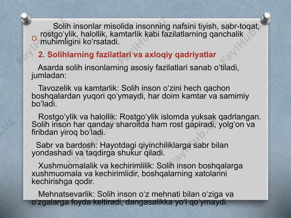 loqiy tarbiya va fazilatlarni yuksaltirish ushbu asarlar odatda axloqiy tarbiya masalalariga e'tibor qaratib, o‘quvchiga insoniy fazilatlarni yuksaltirishda yo‘l-yo‘riq ko‘rsatadi. odamlar o‘rtasidagi yaxshi muomala, hurmat, shafqat, kamtarlik, va kechirimlilik kabi xulqlar orqali jamiyatdagi ijobiy o‘zgarishlar tasvirlanadi. 2. yomon xatti-harakatlarni tanqid qilish bunday asarlarda yolg‘on, xudbinlik, hasad, jahl kabi salbiy xislatlar tanqid qilinadi. asar o‘quvchini yomon xatti-harakatlardan uzoq bo‘lishga, ularning yomon oqibatlarini tushunishga chaqiradi. bu orqali odamlar o‘zlarini tahlil qilishga, noto‘g‘ri xatti-harakatlardan voz kechishga undaladi. 3. hayotiy hikoyatlar va misollar orqali o‘rgatish bunday asarlar ko‘pincha real hayotiy misollar va hikoyatlar orqali o‘quvchiga ma’rifat beradi. bu hikoyatlar orqali yozuvchi o‘quvchini hayotdagi to‘g‘ri va noto‘g‘ri qarorlarni ajratishga o‘rgatadi. masalan, donishmand odamlar yoki solih kishilarning hayot yo‘llari, to‘g‘ri va odil qarorlari misol qilib keltiriladi. 3. hayotiy hikoyatlar va misollar orqali o‘rgatish bunday asarlar ko‘pincha real hayotiy misollar va hikoyatlar orqali o‘quvchiga ma’rifat beradi. bu hikoyatlar orqali yozuvchi o‘quvchini hayotdagi to‘g‘ri va noto‘g‘ri qarorlarni ajratishga o‘rgatadi. …