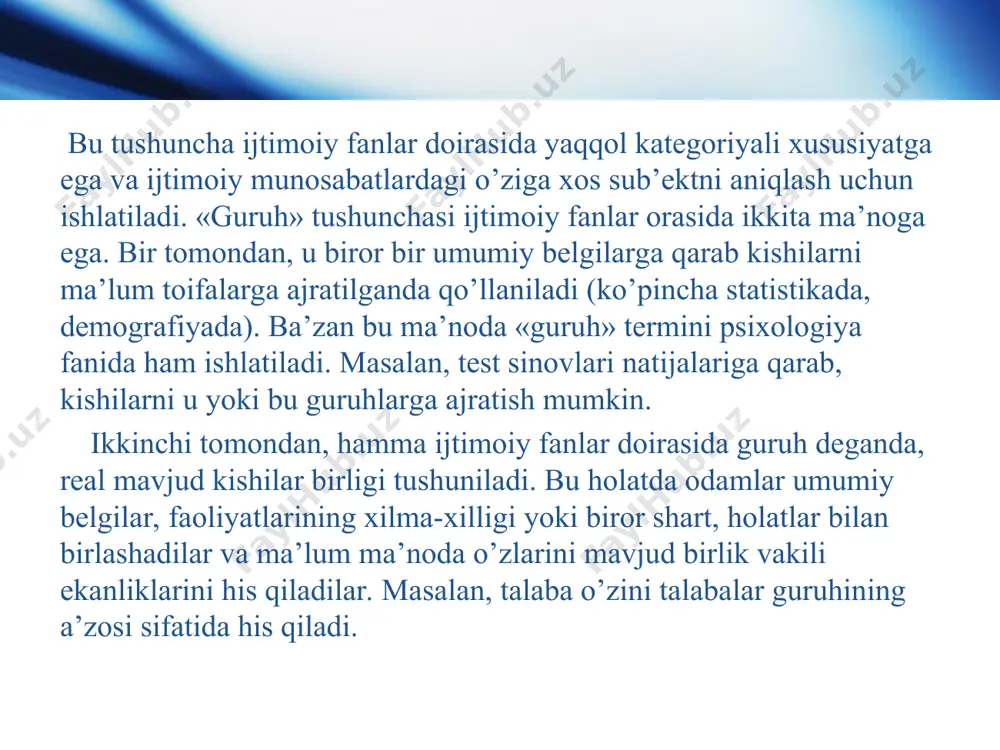 iklar. bu turdagi guruhlarga sotsial sinflar, turli etnik guruhlar (ellat, xalq, millat), kasbiy guruhlar, jinsiy va yoshga oid guruhlar (yoshlar, ayollar, keksalar) va boshqa guruhlarni kiritish mumkin. katta guruhlar ikki turga bo’linadi. katta sotsial guruhlarda kichik guruhlarda yo’q bo’lgan xatti-harakatni boshqarib turadigan o’ziga xos kuch mavjud. bu huquqlar, urf-odatlar va an’analardir. katta guruh bilan kichik guruh o’rtasida o’rta guruh ham bor. ammo guruh muammosi bilan shugullanayotgan sotsiologlar fikricha, o’rta guruhlar, ularning strukturasi, aloqasi, unda bo’ladigan hodisa va jarayonlar mohiyat jihatdan kattaroq guruhlarga xosdir. kichik va katta guruhlar o’rtasidagi farqni kichik guruhning yiriklashuvi va uning katta guruhga aylanishi jarayonida ko’rish mumkin. masalan, bir yoki bir nechta taniqli kishilar atrofida birlashgan, 40-45 kishidan iborat partiya kichik guruhdir, chunki bu guruh vakillarining shaxsan bir-birlarini tanishlari (bilishlari) kichik guruhga xos bo’lgan xususiyatni beradi kichik guruhlar deganda, ko’pi bilan bir necha o’nlab a’zolardan iborat bo’lgan kam sonli guruhlar tushuniladi. bu guruhlar ko’pincha samimiy do’stona munosabatlarda …