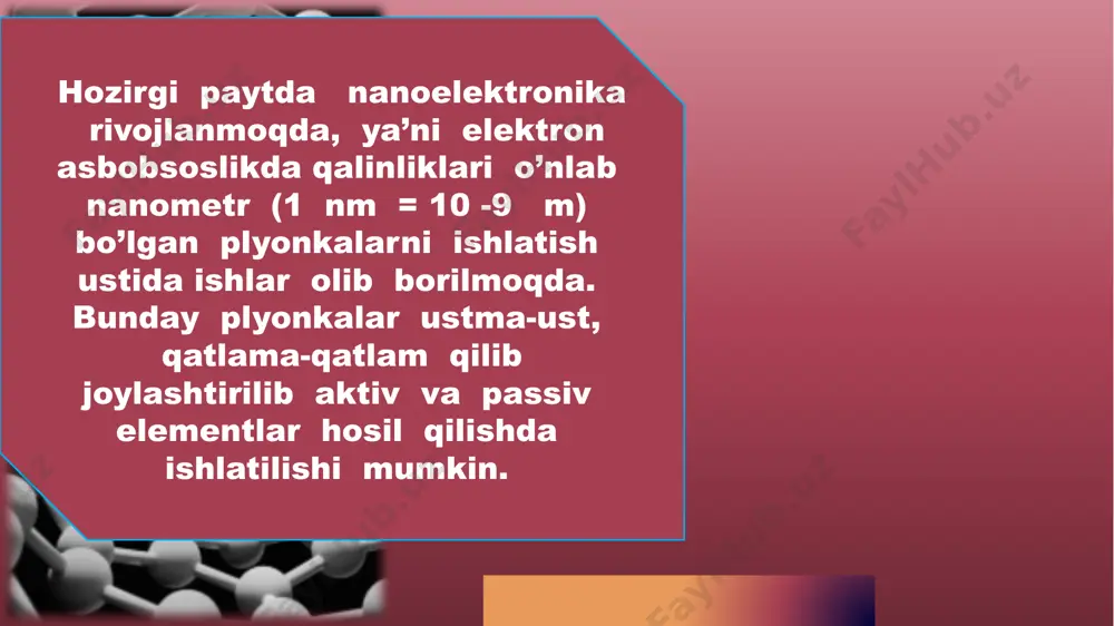iz , kimyoviy stabil , biyomoskeluchi . ularning intensiv bo’yashda ( tovlanish ) hozirda dedektirlash uchun , vizualiyashgan va biyotibbiyot obektlar miqdorni aniqlashda foydalanilmoqda . oltin nanozarralari butun boshli asboblar diyagnostika vositalardan tortib har hil turdagi sensorlar , optik tolali va kampyuter nanosxemalarini yaratishda itiqbollidir . ko’rsatilgan hususiyatlar tufayli oltin nanozarralari asosiy metodlari va tushunchalari bilan osson tushunarli universal obekt modili nanofanni tanishtirish uchun qulay rol o’ynashi mumkin , zamonaviy texnik tizimlar va vositalarni boshqarish hamda fan va texnikaning rivojlanishi elektronikaning yetakchi tarmoqlaridan biri bo’lgan mikroelektronika hamda endigina paydo bo ’ layotgan nanoelektronika sohalarida faoliyat ko’rsatadigan malakali mutaxasislarni tayyorlash bilan uzviy bog’liqdir . ularning intensiv bo’yashda ( tovlanish ) hozirda dedektirlash uchun , vizualiyashgan va biyotibbiyot obektlar miqdorni aniqlashda foydalanilmoqda . oltin nanozarralari butun boshli asboblar diyagnostika vositalardan tortib har hil turdagi sensorlar , optik tolali va kampyuter nanosxemalarini yaratishda itiqbollidir . ko’rsatilgan hususiyatlar tufayli oltin nanozarralari asosiy metodlari va …
