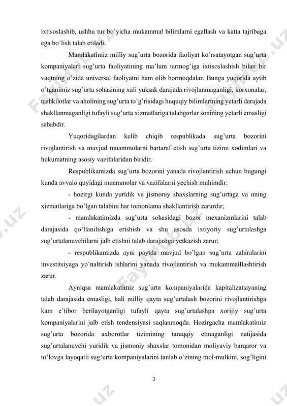 yli qayta sug’urtalashga xorijiy sug’urta kompaniyalarini jalb etish tendensiyasi saqlanmoqda. hozirgacha mamlakatimiz sug’urta bozorida axborotlar tizimining taraqqiy etmaganligi natijasida sug’urtalanuvchi yuridik va jismoniy shaxslar tomonidan moliyaviy barqaror va to’lovga layoqatli sug’urta kompaniyalarini tanlab o’zining mol-mulkini, sog’ligini sug’urtalash imkoniyatlari chegaralanib qolganligi sug’urta faoliyatining keng rivojlanishiga to’siq bo’lmoqda. sug’urta bozori amal qilishining asosiy sharti, sug’urta xizmatlariga bo’lgan talabning mavjud bo’lishi va sug’urtalovchilar bu talabni qondirish imkoniyatiga ega bo’lishlari bilan xarakterlanadi. demak, sug’urta bozorining faoliyat ko’rsatishi qiymat qonuni hamda talab va taklif qonuni bilan bog’liq holda amalga oshadi. sug’urta bozori subyektlarning mustaqil bo’lishini, ularning o’zaro teng imkoniyatlar bilan raqobat olib borishi, asosiy munosabat sug’urta xizmatlarining oldi-sotdisi bo’yicha, ya’ni sug’urta mahsulotlarini sotib olish, gorizontal hamda vertikal rivojlanish aloqalarini olib borish bilan ta’riflanib kelinadi. sug’urta bozori o’zining tarkibiy jihati bo’yicha ikki aspektga bo’linadi, bular: - tashkiliy - huquqiy aspekt; - hududiy aspektdir. tashkiliy-huquqiy aspekt, bu aksionerlik, o’zaro hamkorlik asosida, xususiy va davlat sug’urta tashkilotlaridan iborat …
