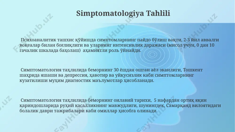 on shahridagi klinikada uyqu tadqiqotlarining natijalari mavjud. ruhiy holatni baholash bemorning o'ziga xos xususiyatlarini, masalan, fikrlash uslubi, his-tuyg'ulari va xulq-atvorini o'rganish uchun psixologik testlar, jumladan, 20 ta savoldan iborat mmpi testi va 16pf psixometrik tekshiruvi kabi testlar toshkent shahridagi klinikalarda qo'llaniladi. ruhiy holatni baholashda, 5 yoshdan katta bolalar uchun maxsus psixometrik shkalalar, masalan, reyvenning progressiv matritsalari va bax yosh shkalasi kabi vositalar samarali qo'llaniladi va bu ko'rsatkichlar natijalarini tahlil qilish, 50% gacha aniqlik bilan diagnostika qo'yishga imkon beradi. ruhiy holatni baholashda, masalan, dsm-5 va icd-11 kabi tasniflash tizimlaridan foydalaniladi, bu esa 300 dan ortiq turli ruhiy kasalliklarni aniqlashga imkon beradi va dunyoning 100 dan ortiq mamlakatida qo'llaniladi. bemorning tarixini yig'ish bemorning tug'ilgan joyi, oilasi tarkibi (3 avlod), bolalik davridagi voqealar (1-12 yosh) va ta'lim darajasi kabi 7 ta asosiy demografik ko'rsatkichlar bemor tarixini to'liq va aniq yig'ish uchun zarurdir. bemorning shaxsiy tarixi, 1990 yildan keyin samarqand viloyatida yashaganlar bilan o'tkazilgan …