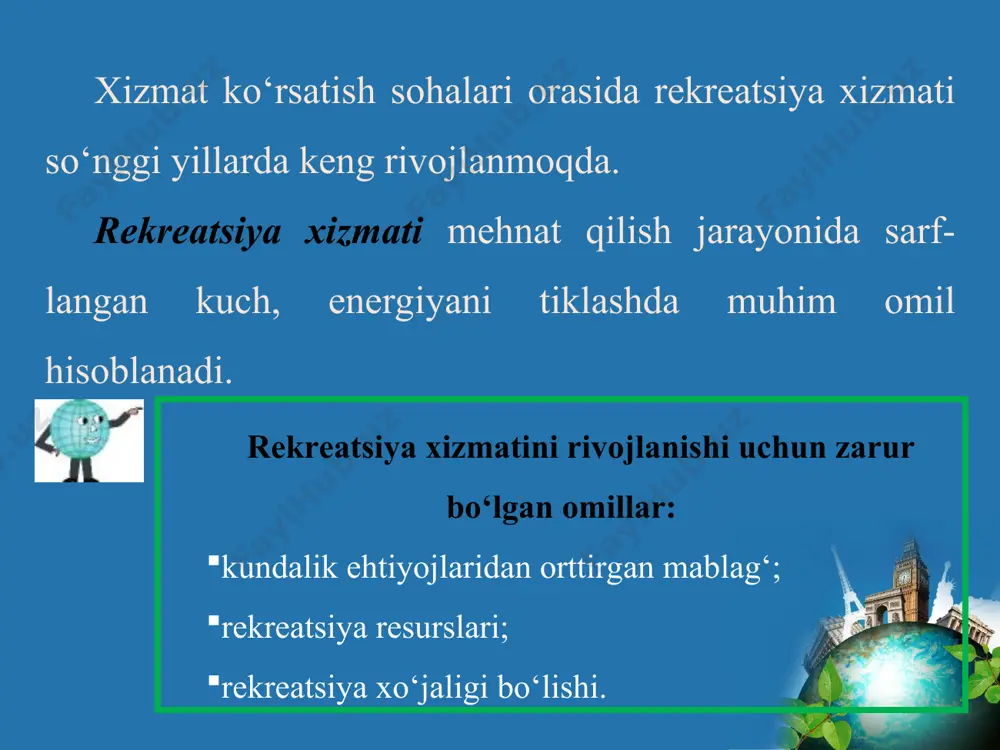 unyod etgan 36 ming tariхiy obidadan 7 mingtasigina saqlangan. qolganlari mustamla-kachilar tomonidan turli yo‘llar bilan vayron etilgan. endilikda ular katta mablag‘ va mеhnat sarflab bo‘lsa-da, ta’mirlanmoqda. zero, sayyohlik (turizm) dunyo iqtisodining eng jadal rivojlanayotgan sohalaridan biriga aylandi. uning keng qamrovli taraqqiyoti esa ko‘plab mamlakatlar uchun katta daromad manbayi bo‘lib bormoqda. bmtning jahon sayyohlik tashkiloti ma’lumotida 2015-yilda dunyo bo‘yicha 1,184 mlrd sayyoh qayd etilgan bo‘lsa, 2016-yil yakuni bo‘yicha bu ko‘rsatkich 1,235 mlrd ga, ya’ni 3,9 foizga oshgan. sayohatchilarga ko‘rsatilgan eksport xizmatlari qiymati 2015-yilda qariyb 1,5 trillion aqsh dollarini tashkil qilgan. 2016-2017-yillarda ham bu raqamlarda katta tafovutni ko‘rish mumkin. shu bois, dunyoning ko‘plab davlatlari ushbu sohani yanada rivoj-lantirish, bu borada tegishli infrastrukturani jahon standartlari darajasida yaratish va sayyohlar oqimini oshirish bo‘yicha barcha chora-tadbirlarni amalga oshirmoqda. 2015-yilda eng ko‘p xorijlik mehmonlarni qabul qilishda fransiya (83,7 million), aqsh (74,8 million), ispaniya (65,0 million), xitoy (55,6 million) va italiya (48,6 million) kuchli beshlikni egalladi. afsus-ki, …
