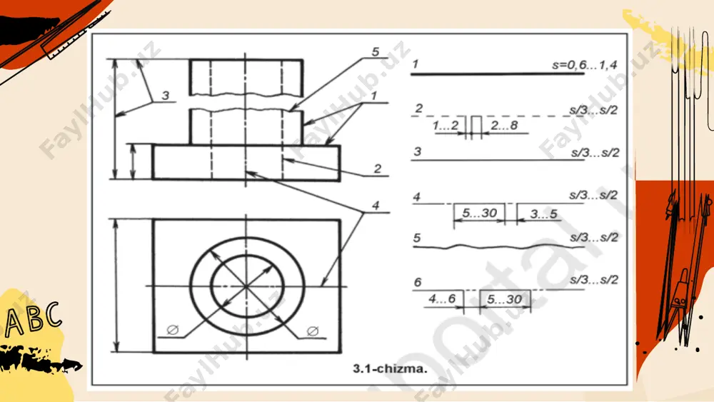 arab, ko'rinmas kontur chiziq shtrixlarining uzunligi 2 mm dan 6 mm gacha bo'lishi kerak. shtrixlar oralig'i 2 mm gacha olinadi. shuningdek, shtrixlar uzunligi va ular orasidagi masofa shu chizmaning barcha joyida bir xilda bo'lishi kerak. shtrix-punktir chiziqlarda shtrixlarning uzunligi taxminan 15 mm dan 30 mm gacha, shtrixlar orasidagi masofa 3 mm dan 5 mm gacha bo'lishi lozim. shtrixlar orasida nuqta biroz cho'zilgan nuqta ko'rinishida tasvirlanadi. shtrix-punktir chiziqlar aylana markazida nuqta bilan emas, balki shtrixlarning o'zaro kesishishi, oxirida shtrix bilan tugallanishi lozim. aylana diametri 12 mm dan kichikroq bo'lsa, ulardagi markaz chiziqlari tutash qilib chiziladi. o'lcham qo'yish qoidalari. o'lcham qo'yish qoidalari o'z dst 2.307:2003 da to'liq bayon qilingan. chizmaga qarab detaining qanday katta-kichiklikda chizilganini aniqlashga yordam beradigan o'lchamlar chizma o'lchamlari deyiladi. o'lchamlar o'lcham chiziqlari va o'lcham sonlari yordamida ko'rsatiladi. mashinasozlik chizmalarida chiziqli o'lchamlar hamma vaqt millimetr hisobida qo'yiladi. lekin mm belgisi chizmada tushirib qoldiriladi. burchak o'lchamlari daraja belgilari bilan ko'rsatiladi. chizma …