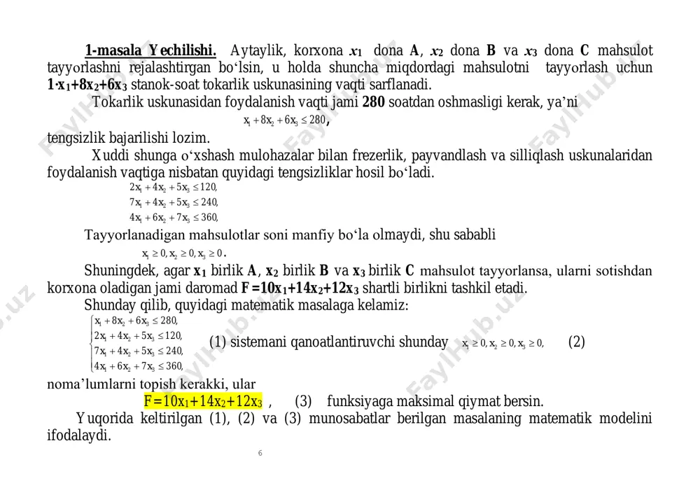x1, ii xiliniki x2 va iii xil yem miqdori x3 bo‘lsin. u holda rasionning zarur to‘yimlilikka ega bo‘lishi talabi quyidagi tengsizliklar sistemasi orqali ifodalanadi.      ++ ++ ++ ,12x3x4x ,50x2x4x2 ,60x4x3x 321 321 321 o‘z ma’nosiga ko‘ra x1, x2, x3, noma’lumlar manfiy bo‘la olmaydi, ya’ni: 0,0,0 321  xxx . kunlik ratsionning umumiy bahosi esa f= 9x1+12x2+10x3 funksiya bilan ifodalanadi. shunday qilib, qaralayоtgan masalaning matematik modeli quyidagi munosabatlardan iboratdir:      ++ ++ ++ ,1234 ,50242 ,6043 321 321 321 xxx xxx xxx (4) 0,0,0 321  xxx , (5) f=9x1+12x2+10x3 → min. (6) 9 3-masala. o‘lchami 6x13 m2 bo‘lgan tunuka materiallarini shunday qirqish kerakki, unda ikki xildagi qirqimlar, ya’ni har biri 4x5 m2 o‘lchamli 400 ta, hаr biri 2х3 m2 o‘lchаmli 800 tа qirqimlar hosil bo‘lsin. har bir tunukani qirqish usullari va bunda olinadigan turli o‘lchamdagi qirqimlar soni quyidagi jadvalda berilgan. 3-jadval …