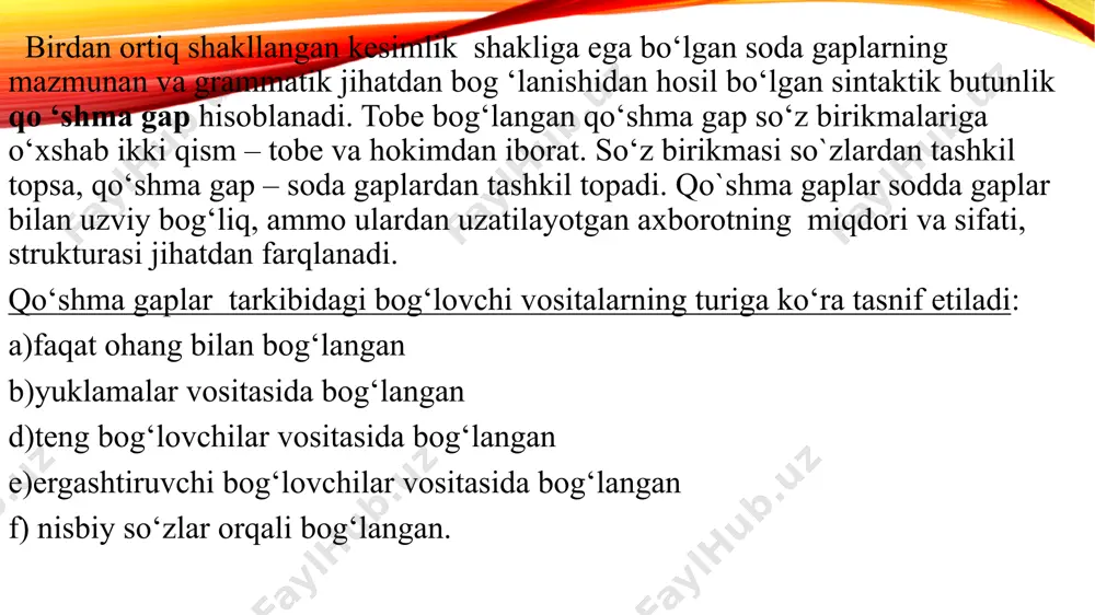 n kelsa, shunday, ba`zi bir, bir xil, ayrim, bir, kabi nisbiy olmoshlar qo`llaniladi. ular ergash gap tomonidan aniqlashtiriladi. shunday yashaginki, hayotda armon qolmasin. ba`zi odamlar borki, hech kimga foydasi tegmaydi. ayrim oilalar borki, ularda farzand taqdiri bee`tibor qoldiriladi. ergash gap oldin kelsa, -ki, -sa vositalari bilan bog`lanadi. shunday inson borki, uning mehri chegarasiz. kimning niyati holis bo`lsa, uning safari oson kechadi. hol ergash gapning turlari: 1.ravish ergash gap; 2.daraja-miqdor ergash gap; 3.chog‘ishtirish- o`xshatish ergash gap; 4.sabab ergash gap; 5.maqsad ergash gap; 6.payt ergash gap; 7.o‘rin ergash gap; 8.shart ergash gap; 9.natija ergash gap; 10.to‘siqsiz ergash gap. misollar: ega kesim hol to`ldiruvchi aniqlovchi kim ishlasa, tilagim shuki, ona xasta shuni bilki, umrlar bo‘ladiki, u rohatda duyoda tinchlik bo‘lsa ham, sen mangulikka tirikdir. yashaydi. bo‘lsin farzandini inson bo‘lib o‘ylardi yaralgansan. har qanday til birligi kabi gap ham , qo ‘shma gap ham ifoda va mazmun tomoniga ega bo‘ladi.uzoq vaqtlar davomida qo ‘shma …