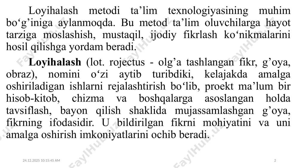 r, fikrlarning muhokamasida qatnashishga rag’batlantiradi. 11.10.2021 20:36:26 4 loyihalash metodini qoʻllab, dars oʻtish jarayonida oʻquvchi, talabalarning vazifasi: – iqtisodiy jihatdan maqsadga muvofiq, ijtimoiy ahamiyatga ega ishni bajarish, mahsulot ishlab chiqarish, ilmiy-texnik, iqtisodiy va boshqa muammoni belgilangan vaqt davomida yechish yoki yechish uchun takliflar ishlab chiqish. oʻqituvchining vazifasi: – oʻquvchi, talabalarni mustaqil ijodiy faoliyatlarini unumli boʻlishi uchun sharoit yaratish. 11.10.2021 20:36:26 5 bu metodni iqtisodiy fanlarni oʻrganishdagi muhim ahamiyati shundaki, talabalar biznes-reja tuzishni, turli tanlovlarda qatnashish uchun loyihalar ishlab chiqishni oʻrganadilar. nazariy va amaliy mashg’ulotlarni qanday tashkil etishning texnologik xaritasini ishlab chiqish, ya’ni darsni qanday oʻtkazishni mufassal rejasini ishlab chiqishni, umuman olganda, oʻz faoliyatlarini rejalashtirishni oʻrganadilar. shu bilan birga mazkur metodning oʻziga xos xususiyatlari mavjudki, ularni, albatta, hisobga olish zarur. birinchidan, bu metodni mavzular, alohida predmetlar boʻyicha qoʻllash juda qiyin. chunki, bir muammoning kelib chiqish sabablari nihoyatda xilma-xil. ularni bir fan doirasida hal qilish qiyin. ikkinchidan, barcha talabalar ham loyiha tayyorlab, …
