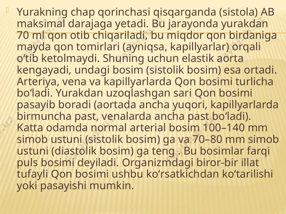 cha bilan chap qorincha o'rtasida ikki tavaqali klapan, o'ng bo'lmacha bilan o'ng qorincha o'rtasida uch tavaqali klapan, chap qorincha bilan aorta qon tomiri o'rtasida hamda o'ng qorincha bilan o'pka arteriyasi o'rtasida yarimoysimon klapanlar joylashgan. yurak klapanlari shunday tuzilganki, ular orqali qon faqat bir tomonga harakatlanadi, ya'ni qon bo'l¬machalardan qorinchalarga, ulardan esa aorta va o'pka artetiyalatiga tomon harakatlanadi. yurak yuqorida aytilganidek, qon aylanish sistemasining markaziy organi bo'lib, u nasos singari qon tomirlardagi qonni to'xtovsiz harakatlantiradi va tananing hamma organlari, to'qimalari va hujayralarini oziq moddalar va kislorod bilan ta'minlaydi. uning kameralari orqali bir minutda katta odamda 5 i qon o'tadi, lekin bu qonning bir tomchisidan ham yurak o'z ehtiyoji uchun foydalanmaydi. yurak muskullari ikkita maxsus tojsimon arteriya orqali qon bilan ta'minlanadi. bu tomirlar aortaning boshlang'ich qismidan ajralib, yurak muskullari orasiga kiradi. artetiya tomirlaridagi qon yurak mus¬kullarini oziq moddalar va kislorod bilan ta'minlab, vena qoniga aylanadi, ikkita yurak venasini hosil qilib yurakning o'ng …