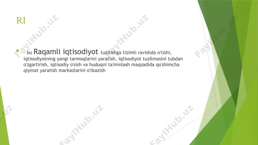 ‘lchovli tasvirni yoki makonni kompyuterda modellashtirish uchun texnologiyalar, bunda insonsintetik (“virtual”) atrof-muhit bilan o‘zaro sezgir qaytaraloqa qiladi. kengaytirilgan reallik texnologiyalari -foydalanuvchi tajribasi va interfaol imkoniyatlarini yaxshilash uchun grafik yoki ovozli tarkibni yopish orqali jismoniy dunyoga ma’lumot yoki vizual effektlarni qo‘shishga asoslangan vizual texnologiyalarni qamrab oladi. . qo‘shimcha texnologiyalar -bu murakkab geometrik shakllar va profillar mahsulotlarini ishlab chiqarish imkonini beradigan raqamli modellari ("egizaklar") asosida uch o‘lchovli ob’ektlarni yaratish uchun qatlamli texnologiyalarni tashkil qiladi. superkompyuter texnologiyalari -bu parallel va taqsimlangan (panjara) ma’lumotlarni qayta ishlash va yuqori o‘tkazuvchanlik tamoyillaridan foydalangan holda yuqori samaradorlik bilan hisoblashni ta’minlaydigan texnologiyalardan iborat. 7) sanoat interneti -sensorlar bilan jihozlangan bir-biri bilan yoki tashqi muhit bilan insonning aralashuvisiz ishlashga qodir bo‘lgan ishlab chiqarish sohasidagi qurilmalarni birlashtiradigan ma’lumot uzatish tarmoqlarini tashkil etadi. 8) robototexnika komponentlari (sanoat robotlari) -sensorlar va sun’iy aql asosida qurilgan, atrof-muhitni idrok etadigan, ularning harakatlarini nazorat qila oladigan va uning o‘zgarishiga moslasha oladigan uch yoki undan ortiq …