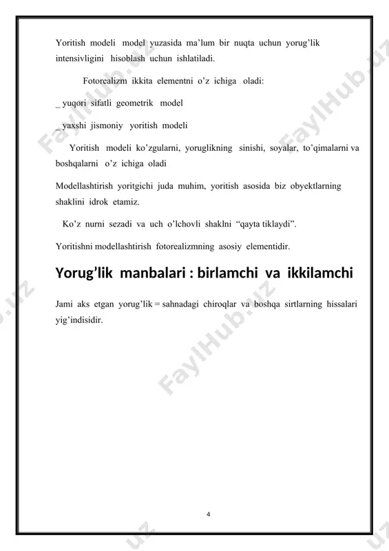 t materialining xususiyatlari _ yorug’lik manbai xususiyatlari _ yoritish modelining xususiyatlari misol yoritish : yorug’lik manbai xususiyatlari ( yorug’lik, mulk, qiymat ) _ manba rangi _ vaziyat _ susaytirishi e’tibor bering: yorug’lik manbai holatini belgilashda joriy matsissalar to’plami qo’llaniladi. xulosa to’g’ridan-to’g’ri yorug’lik manbasidan keladigan nur birlamchi deb nomlanadi. bir yoki bir necha marta aks ettirilgan nurga ikkinchi darajali deyiladi. yorug’lik yuzalar o’rtasida o’tkazilishini hisobga olmaydigan jismoniy modellar (ikkilamchi yoritishni ishlatmang ) mahalliy deb nomlanadi. aks holda, modellar global yoki global yoritilish modellar deb nomlanadi. jismoniy jihatdan asoslangan va empirik yoritish modellari jismoniy jihatdan asoslangan moddiy modellar. jismoniy jihatdan asoslangan modellar ba’zi biri haqiqiy materiallarning xususiyatlarini taxmin qilishga harakat qiladi. bunday modellar material yuzasining xususiyatlarini, masalan, moddiy qatlamlarni (terini yoki ingichka plonkalarni modellashtirish) yoki moddiy zarrachalarning xatti-harakatlarini (qor, qum, turli xil suyuqliklarni modellashtirish) hisobga oladi. empirik material modellari. empirik modellar jismonan asoslanganlarga qaraganda bir oz boshqacha tuzilgan. qoida tariqasida, ushbu modellar …