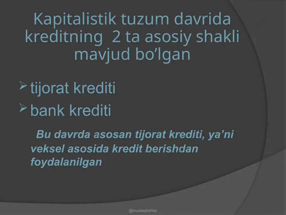 tishida unda ko’rsatilgan summani olish huquqi yangi kreditorga o’tadi. bu huquqni o’tkazish indossament orqali amalga oshiriladi. vekselning muddati tugaganida dastlabki qarzdor tomonidan to’lov amalga oshirilmasa, vekselni olgan shaxs to’lovni amalga oshirishni har bir indossantdan talab qilishga haqli. veksel bo’yicha indossantlarning bu tarzdagi solidar javobgarligi (birgalikda javobgar bo’lishi) vekselni muomala vositasi sifatidagi rolini oshiradi, shuningdek, vekselni olgan shaxsda to’lovni o’z vaqtida amalga oshirilishiga bo’lgan ishonchni kuchaytiradi. @mustaqilishlar tijorat veksellarining 2 turi mavjud oddiy veksel qarzdor tomonidan kreditor nomiga berilgan va unda qarz majburiyatining summasi, to’lanish vaqti va joyi ko’rsatilgan. o’tkazma veksel yoki tratta o‘zida bir shaxs (kreditor)ning boshqa bir shaxs (qarzdor)ga ma’lum summani uchinchi shaxs yoki uni taqdim etgan shaxsga to’lash to’risidagi buyrug’ini ifodalaydi. @mustaqilishlar o’tkazma vekselni beruvchi – trassant, to’lovni amalga oshiruvchi shaxs – trassat, to’lovni olish huquqi kimga o’tkazilgan bo’lsa, u – remitent deyilgan. uchinchi shaxs (remitent)ning jalb qilinishi tovarni kreditga sotuvchi o’zining to’lovni olish huquqini u bilan savdo …