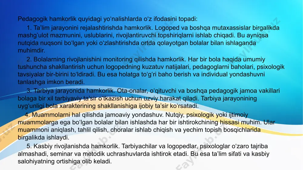 ‘zaro aloqasi nafaqat bolalar bilan olib borilayotgan ishlarni yaxshilaydi, balki jamoa ichida ijobiy muhitni shakllantiradi, tajriba almashuvini kuchaytiradi va kasbiy o‘sishga turtki beradi. hamkorlik jarayonining doimiyligi, uzviyligi va ochiqligi esa ta’lim-tarbiya samaradorligini sezilarli darajada oshiradi. shu boisdan, o‘qituvchi-logoped va pedagogik jamoa o‘rtasidagi hamkorlikni mustahkamlash, uni tizimli asosda tashkil etish va ilg‘or tajribalarga tayangan holda rivojlantirish — zamonaviy ta’limning muhim vazifalaridan biridir. image1.jpeg image3.jpeg image2.jpeg /docprops/thumbnail.jpeg
