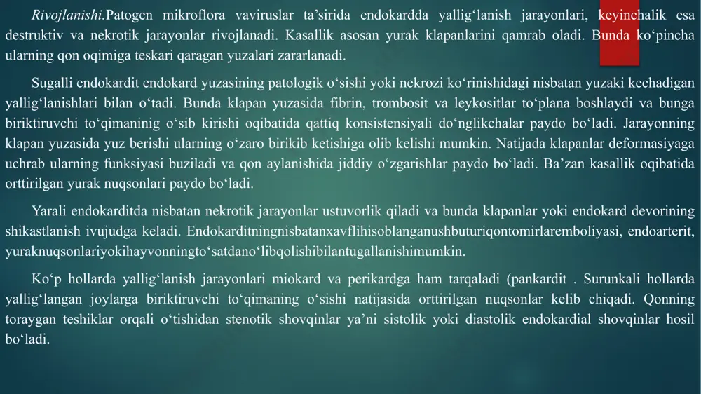 rida qonning dimlanishi va qon harakatining susayib, qon bosimi va qon tomirlar o‘tkazuvchanligining ortishi shishlarni paydo qiladi. shishlar ko‘pincha tananing pastki qismlarida paydo bo‘lib, transsudat teri osti yog‘ kletchatkasida va bo‘shliqlarda to‘plangan bo‘ladi. «yurak shishlari» xamirsimon konsistensiyada, og‘riqsiz va mahalliy harorati ko‘tarilmagan bo‘ladi. miokardit (myocarditis - yurak muskulining yallig‘lanishi. birlamchi va ikkilamchi, o‘tkir va surunkali, o‘choqli va diffuz miokarditlar farqlanadi. miokardit ko‘pincha ayrim yuqumli, invazion va yuqumsiz kasalliklar perikardit, endokardit, plevrit, pnevmoniya, endometrit oziqadan zaharlanishlar, mikoz va mikotoksikozlar paytida ikkilamchi kasallik sifatida rivojlanadi. rivojlanishi. kasallik chaqiruvchisi tomonidan ajratiladigan zaharlar ta’sirida miokardda allergik xarakterdagi yallig‘lanish rivojlanadi. avval ekssudatsiya va muskul tolalarida shish, keyinchalik, alterativ va proleferativ jarayonlar rivojlanadi. miokarddagi retseptorlar qo‘zg‘alishidan yurak urishlari tezlashadi, arterial bosim oshadi. keyinchalik miokard toliqadi, unda distrofik va degenerativ o‘zgarishlar paydo bo‘ladi. yurak urishlari sekinlashib, arterial bosim pasaya boradi, qon harakati sekinlashadi. hansirash, ko‘karish, shish va ritmiya paydo bo‘ladi. patoloanatomik o‘zgarishlari. ekssudatsiya paytida yurak muskullari shishgan …
