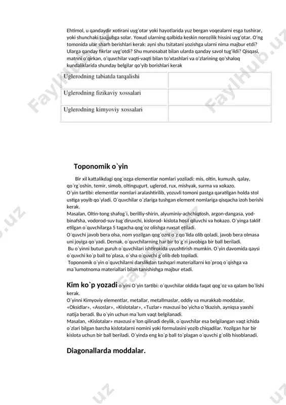 vaqti-vaqti bilan to’xtashlari va o’zlarining qo’shaloq kundaliklarida shunday belgilar qo’yib borishlari kerak toponomik o`yin bir xil kattalikdagi qog`ozga elementlar nomlari yoziladi: mis, oltin, kumush, qalay, qo`rg`oshin, temir, simob, oltingugurt, uglerod, rux, mishyak, surma va xokazo. o`yin tartibi: elementlar nomlari aralashtirilib, yozuvli tomoni pastga qaratilgan holda stol ustiga yoyib qo`yladi. o`quvchilar o`zlariga tushgan element nomlariga qisqacha izoh berishi kerak. masalan, oltin-tong shafog`i, berilliy-shirin, alyuminiy-achchiqtosh, argon-dangasa, yod-binafsha, vodorod-suv tug`diruvchi, kislorod- kislota hosil qiluvchi va hokazo. o`yinga taklif etilgan o`quvchilarga 5 tagacha qog`oz olishga ruxsat etiladi. o`quvchi javob bera olsa, nom yozilgan qog`ozni o`z qo`lida olib qoladi, javob bera olmasa uni joyiga qo`yadi. demak, o`quvchilarning har bir to`g`ri javobiga bir ball beriladi. bu o`yinni butun guruh o`quvchilari ishtirokida uyushtirish mumkin. o`yin davomida qaysi o`quvchi ko`p ball to`plasa, o`sha o`quvchi g`olib deb topiladi. toponomik o`yin o`quvchilarni darslikdan tashqari materiallarni ko`proq o`qishga va ma`lumotnoma materiallari bilan tanishishga majbur etadi. kim ko`p yozadi o`yini o`yin tartibi: …