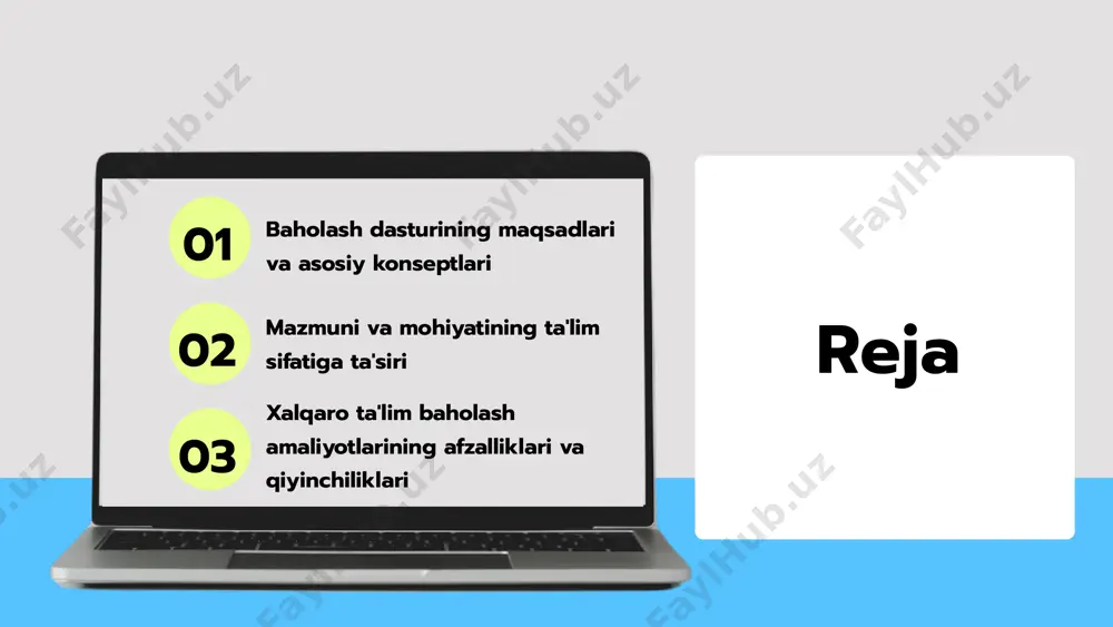 muammolar va adolatsizlik muhim muammolardir. baholash muammolari 01 02 03 baholash dasturining amaliyotlari baholash metodlari yozma va og'zaki bo'lib, testlar, loyiha ishlari va portfollar kabi misollar bilan amalga oshiriladi. individual yondashuv va baholash me'yorlari muhim, yurt va xalqaro loyihalar ta'lim sifatini oshiradi. photo by headway on unsplash baholash dasturining kelajagi kelajak rivojlanish tendensiyalari kelajakda baholash texnologik yutuqlar bilan bog'liq ravishda yanada samarali va interaktiv bo'ladi. sun'iy intellekt va ma'lumotlarni tahlil qilish baholash jarayonini avtomatlashtirish imkonini beradi. innovatsiya yondashuvlar va texnologiyalar vr va ar texnologiyalari yordamida baholash jarayonlari real muhitga yaqinlashadi. big data va mashina o'rganish algoritmlari bilan rivojlanish tahlili aniqroq bo'ladi. ta'limda baholash o'rnini oshirish kelajakda baholash faqat natijalarni aniqlash emas, balki o'quv jarayonini shakllantirish va shaxsiy rivojlanishni qo'llab-quvvatlash uchun asosiy vosita bo'ladi. mazmun va mohiyat ta'lim sifatini belgilovchi muhim omildir. to'g'ri mazmun talim jarayonida maqsadga muvofiq rivojlanishni ta'minlaydi. mazmun va mohiyat mazmun ta'limning tarkibiy qismi bo'lib, u o'quvchilarning bilim, …