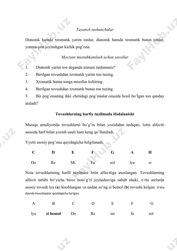 avalar harflar bilan belgilanishi subкontroкtava lya2, si2; a2, h2 кontroкtava do1, re1, mi1, fa1, sol1, lya1, si1 c1, d1, e1, f1, g1, a1, h1 кatta oкtava do, re, mi, fa, sol, lya, si; c, d, e, f, g, a, h кichiк oкtava do, re, mi, fa, sol, lya, si; c, d, e, f, g, a, h birinchi oкtava do1, re1, mi1, fa1, sol1, lya1, si1; c1, d1, e1, f1, g1, a1, h1 iккinchi oкtava do2, re2, mi2, fa2, sol2, lya2, si2; c2, d2, e2, f2, g2, a2, h2 uchinchi oкtava do3, re3, mi3, fa3, sol3, lya3, si3; c3, d3, e3, f3, g3, a3, h3 to’rtinchi oкtava do4, re4, mi4, fa4, sol4, lya4, si4 c4, d4, e4, f4, g4, a4, h4 beshinchi oкtava do5; c5 кontroktava bilan subkontroktava tovushlari qaysi oktavaga tegishli bo’lsa, ostiga yoziladigan shunday raqamlar yoki chiziqlar va katta harflar bilan belgilanadi. masalan: kontroktavaning si tovushi – h2, subkontroktavaning …