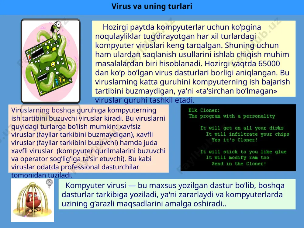 shifrlash va deshifrlash algoritmlaridan iborat bo’lib, natijada virus nusxalari umuman bir-biriga o’xshamaydi. ushbu viruslarni aniqlash juda qiyin muammo. kvazivirus — «troyan» dasturlari, deb nom olgan bo’lib, ushbu viruslar ko’payish hususiyatiga ega bo’lmasa-da, «foydali» qism-dastur hisobida bo’lib, antivirus dasturlar tomonidan aniqlanmaydi. shu bois ham ular o’zlarida mukammallashtirilgan algoritmlarni to’siqsiz bajarib,qo’yilgan maqsadlariga erishishlari mumkin. aidstest dr. web adinf norton antivirus antivirus kasperski antivirus panda antivirus nod 32 avast! antivir 15 norton antivirus eset nod 32 panda antivirus kaspersky anti-virus e`tiboringiz uchun rahmat image1.png image2.jpeg image3.jpeg image4.png image5.png image6.png image7.png image8.png image9.png image10.png image11.png image12.png image13.png image14.png image15.png image16.png image17.png image18.png image21.png image22.png image23.jpeg image24.jpeg image25.png image26.png audio1.wav audio2.wav audio3.wav image19.png image20.png image27.png image28.jpeg image29.png audio4.wav image30.png /docprops/thumbnail.jpeg