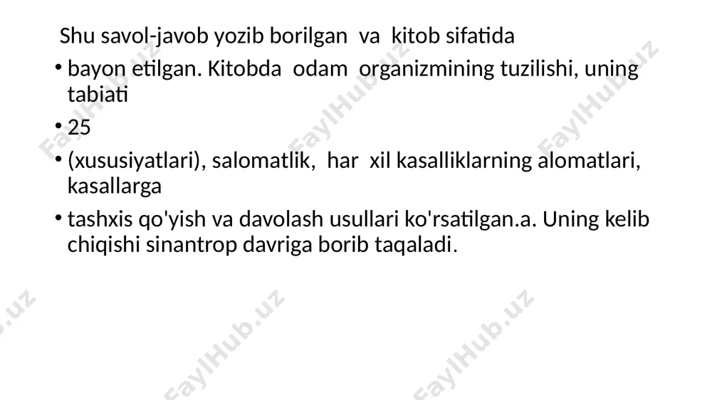 holatda va jismoniy harakat vaqtida va h.k. tananing har bir nuqtasidagi (qo'l, oyoq, bo'yin), tomir urishini bir-biriga solishtirganlarj tomir urishini tekshirishda bemorning kayfiyati (ruhiy holatiga) ham alohida ahamiyat berganlar. nihoyat, xitoy hakimlari kasallikning og'ir-yengiligiga qarab, tomir urishi turlicha bo'lishini ham aniqlaganlar. kitob odam organizmining tuzilishi, uning tabiati va xususiyatlari haqida fikr yuritish bijan boshlanadi. so'ng salomatlik va kasallik, uning sabablari, har bir alohida kasallikning alomatlari, tashxis qo'yish va , davolash usullari bayon etiladi. biz yuqorida qadimgi xitoy hakimlari odam organizmida ba'zi yuqumli kasalliklarga nisbatan qabul qilm.aslik xususiyati paydo bo'lishi mumkinligini bilganliklarini ko'rsatib o'tgan edik. xitoylar birinchi bo'jib chechakka qarshi emlash usulini amalga oshirdilar. bu o'sha zamon ·uchun juda katta kashfiyot edi. etiboriz uchun raxmat /docprops/thumbnail.jpeg